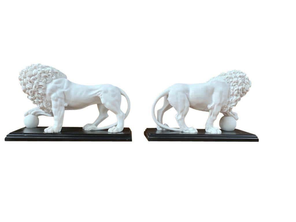 20th Century Pair of Marble Lion Gatekeeper Statues, Large Cat Castings