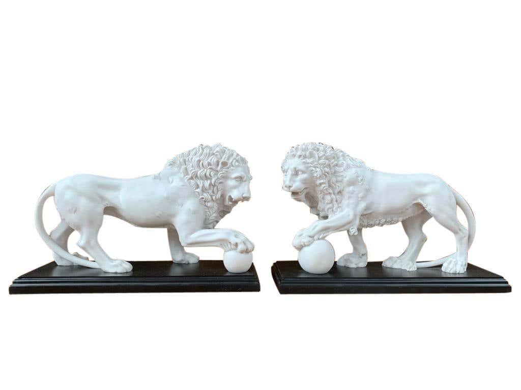 Pair of Marble Lion Gatekeeper Statues, Large Cat Castings 1