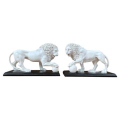 Pair of Marble Lion Gatekeeper Statues, Large Cat Castings