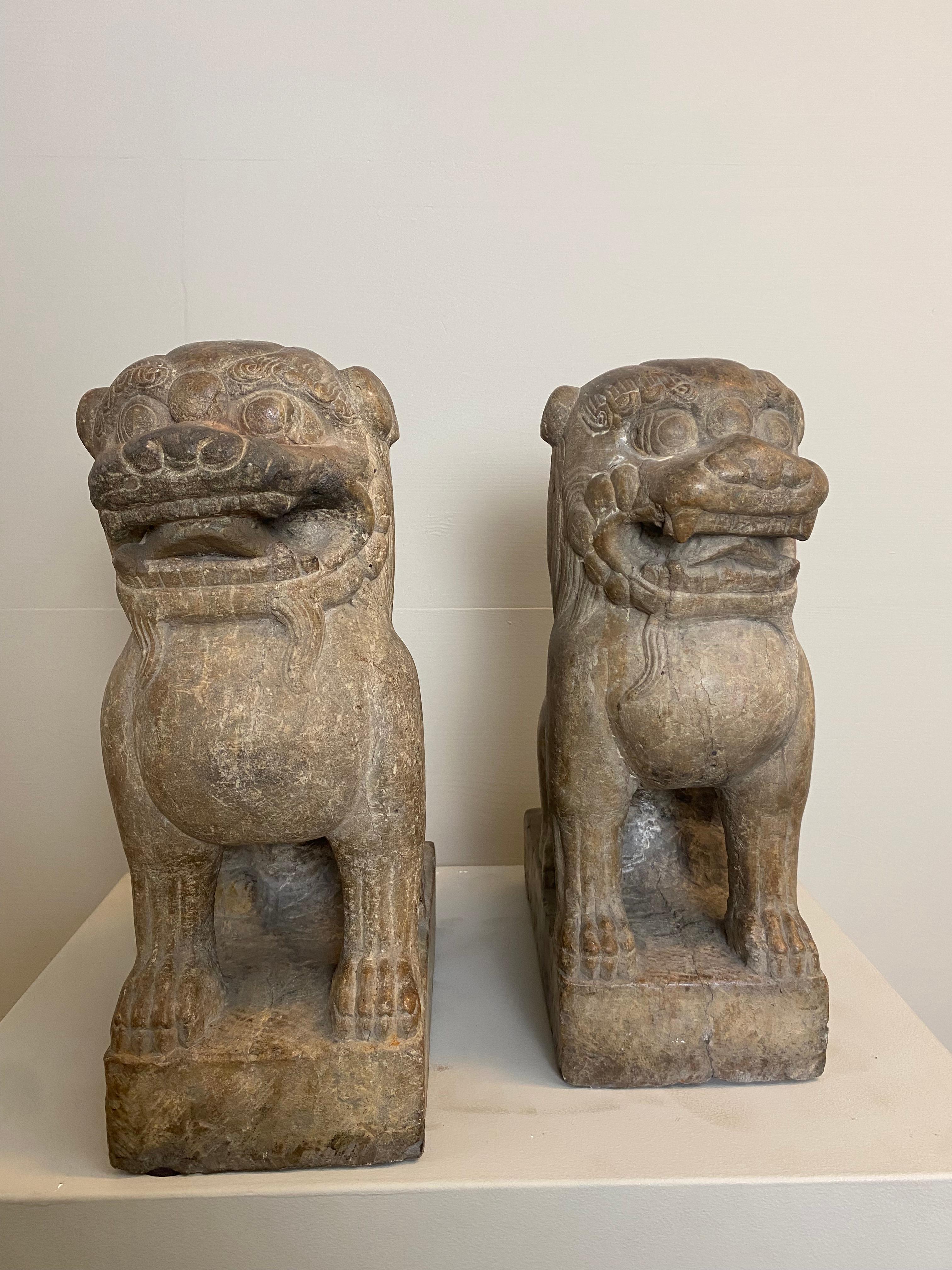 Exceptional Pair of Chinese Lions,Mythological Figures,
Good old great patina, and beautiful beige, brown color of the Marble,
Used to put at the Temple or House Entrance,
Ming Period.