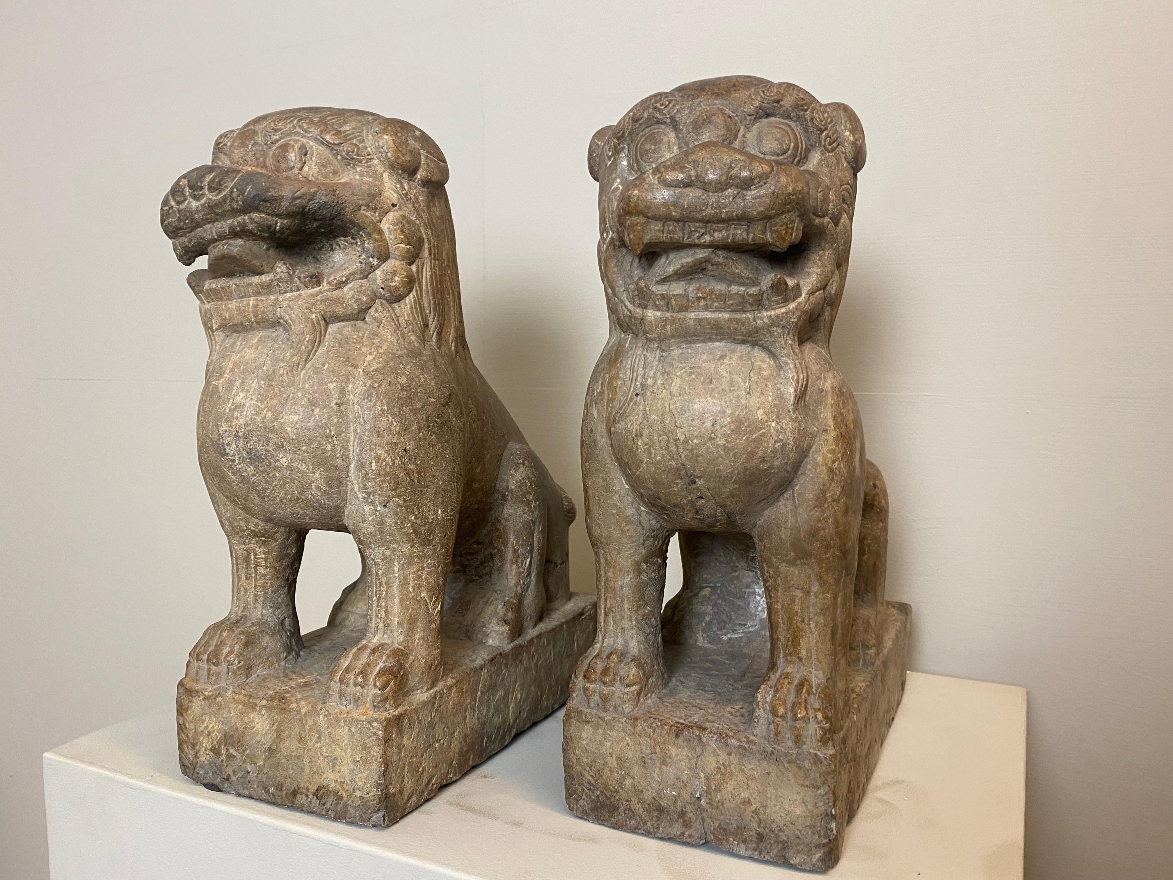 Außergewöhnliches Paar Marmorlöwen aus China mit großer, alter Patina, Ming-Periode (Chinesisch) im Angebot