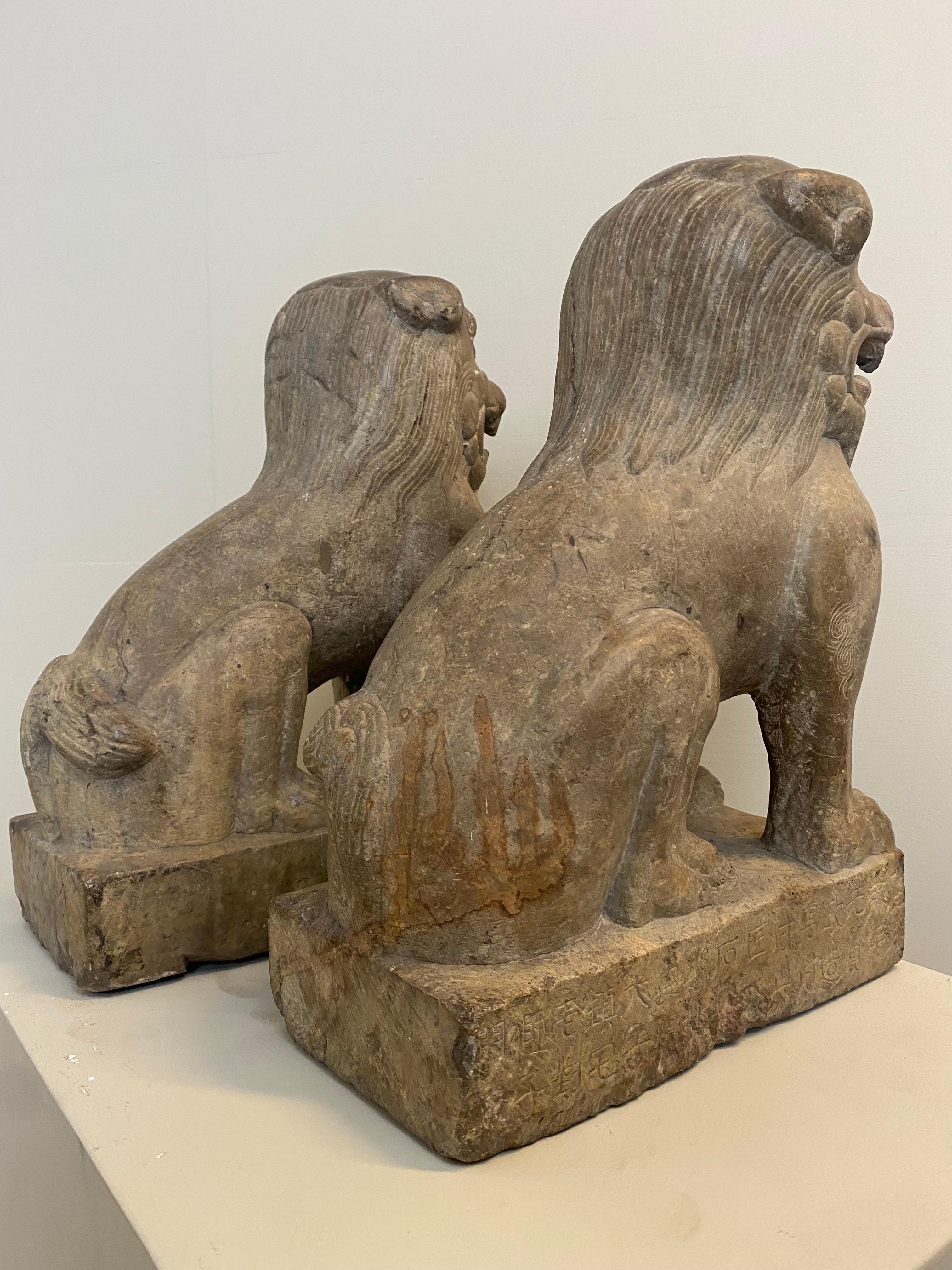 Exceptional Pair of Marble Lions from China with great, old patina, Ming Period For Sale 1