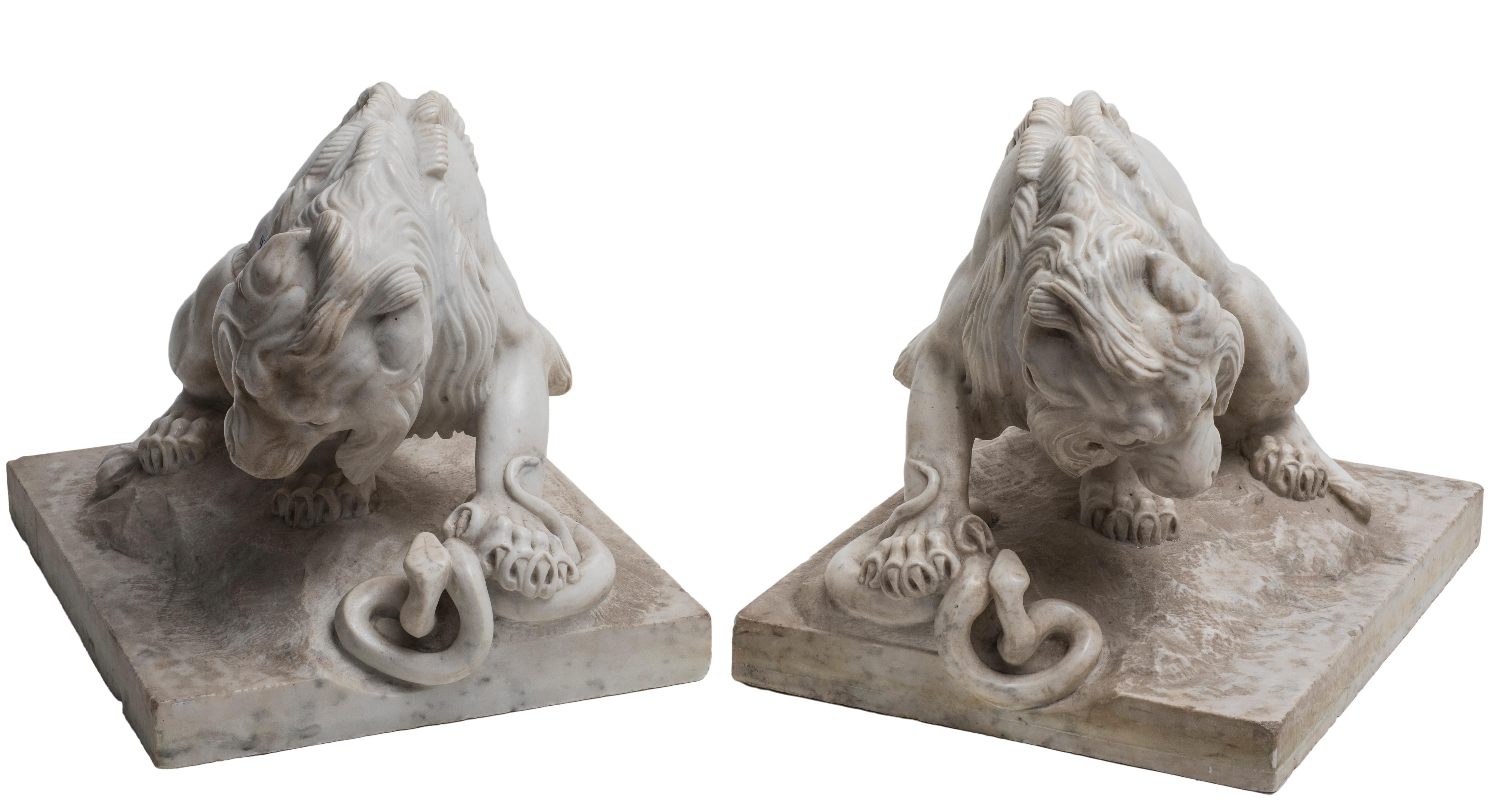 Marble lions is a pair of original sculptures by an anonymous artist of the French School realized during the 19th century.

White marble sculptures representing a couple of lions fighting against a snake. Good conditions, except for very light