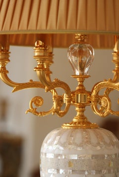 Pair of Marble, Mother-of-Pearl Veneered, and Gilt Bronze Six-Light Candelabra
