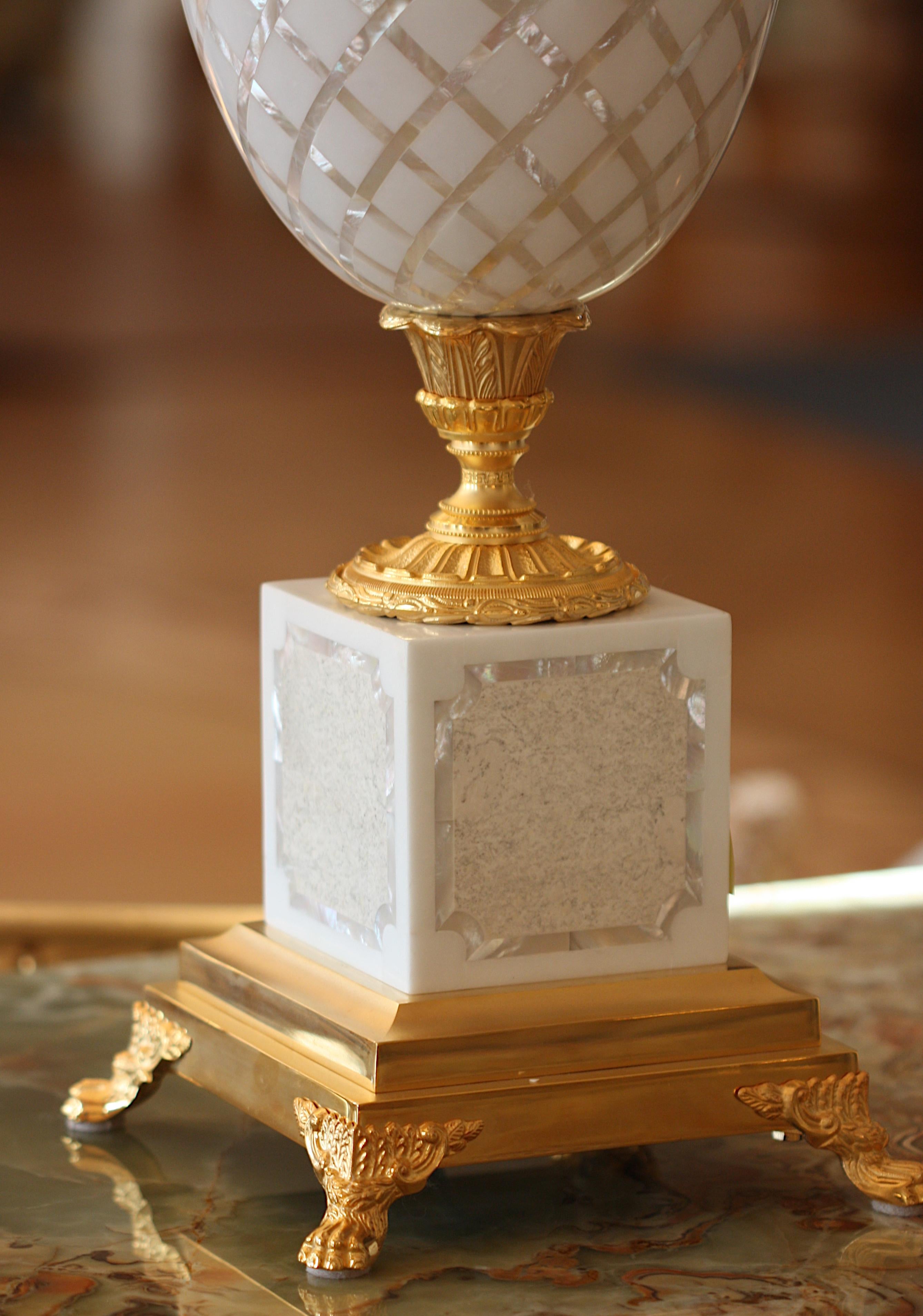 Pair of Marble, Mother-of-Pearl Veneered, and Gilt Bronze Six-Light Candelabra In Good Condition In West Palm Beach, FL