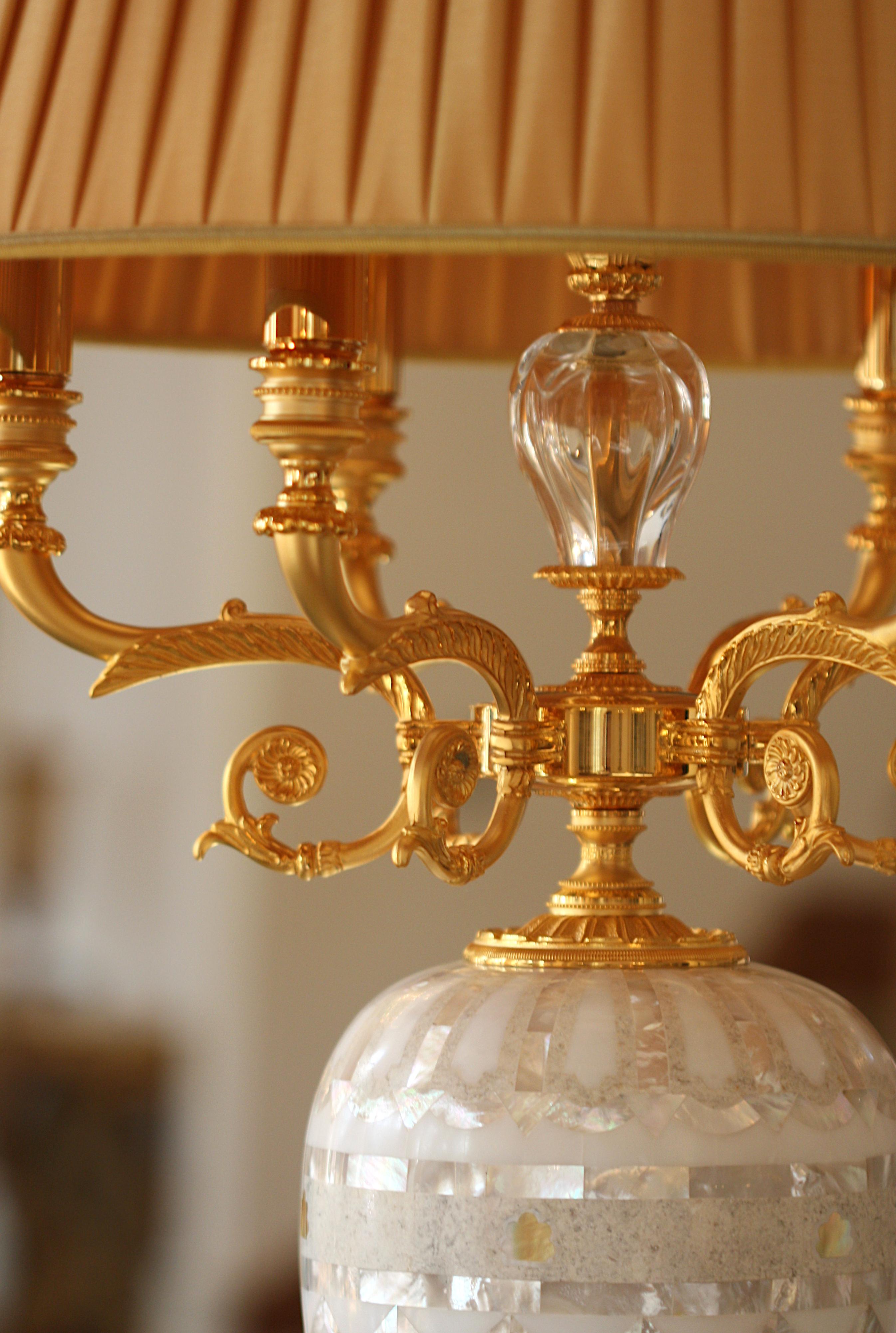Pair of Marble, Mother-of-Pearl Veneered, and Gilt Bronze Six-Light Candelabra In Good Condition For Sale In West Palm Beach, FL