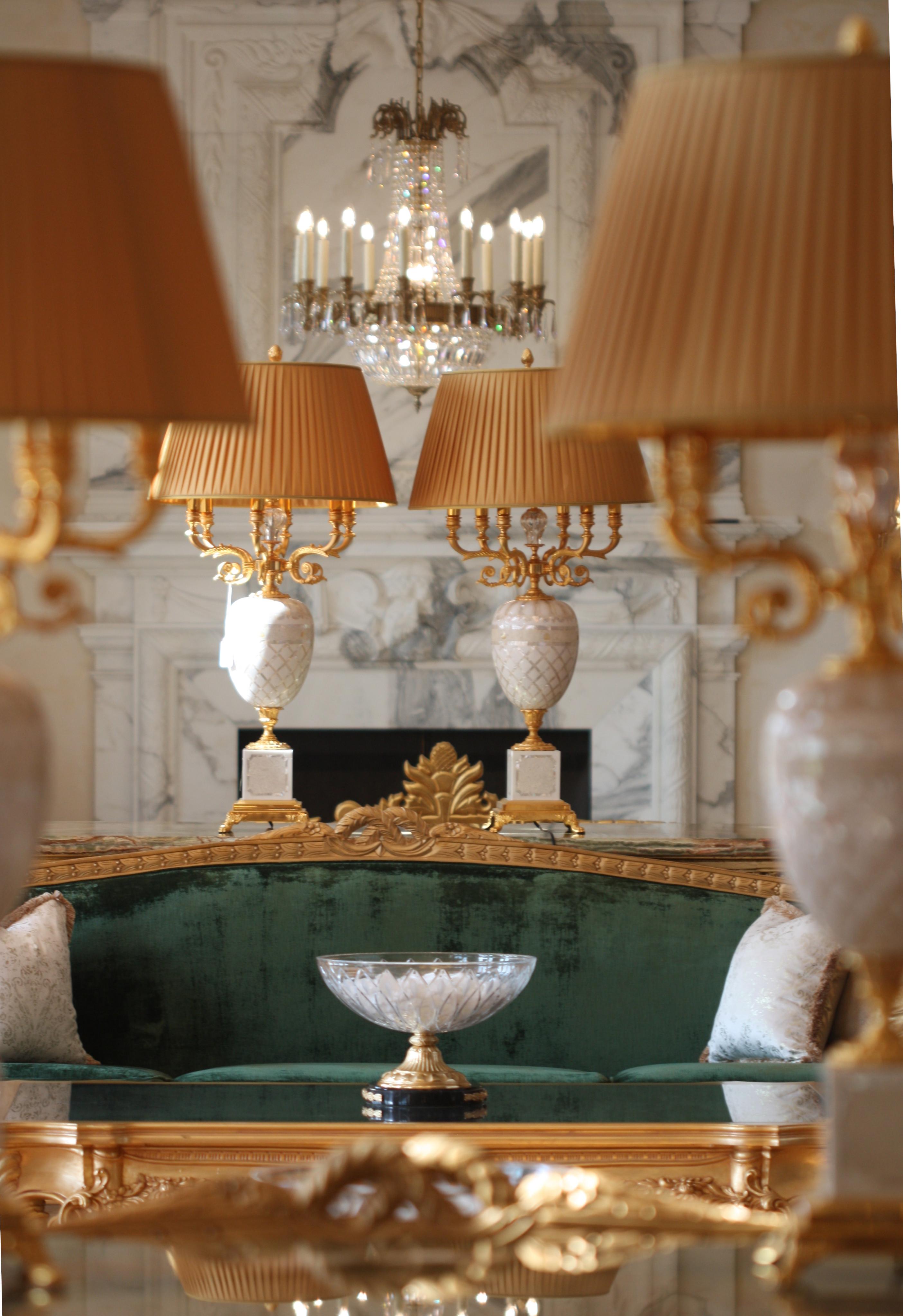 Pair of Marble, Mother-of-Pearl Veneered, and Gilt Bronze Six-Light Candelabra For Sale 1