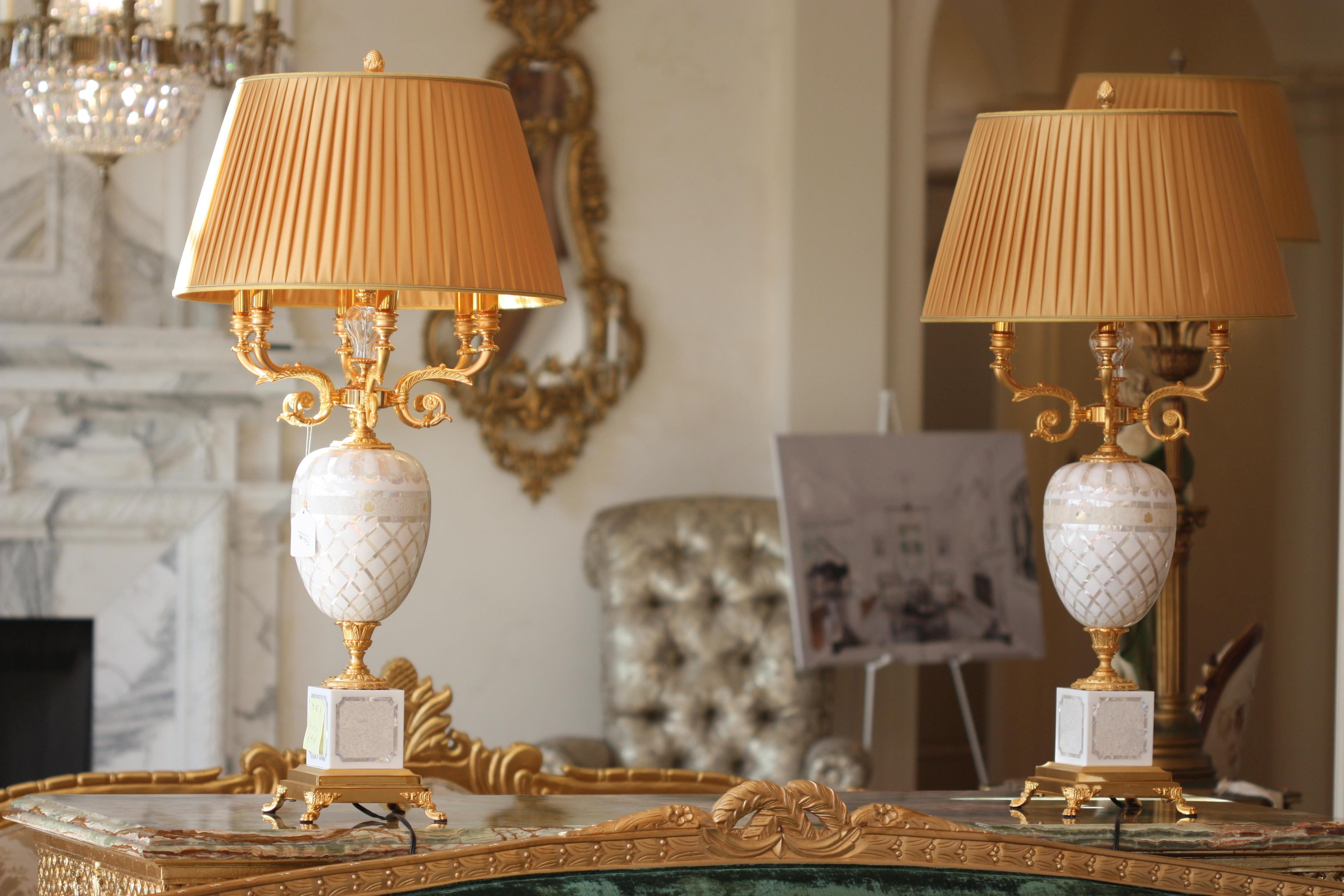 Pair of Marble, Mother-of-Pearl Veneered, and Gilt Bronze Six-Light Candelabra 2