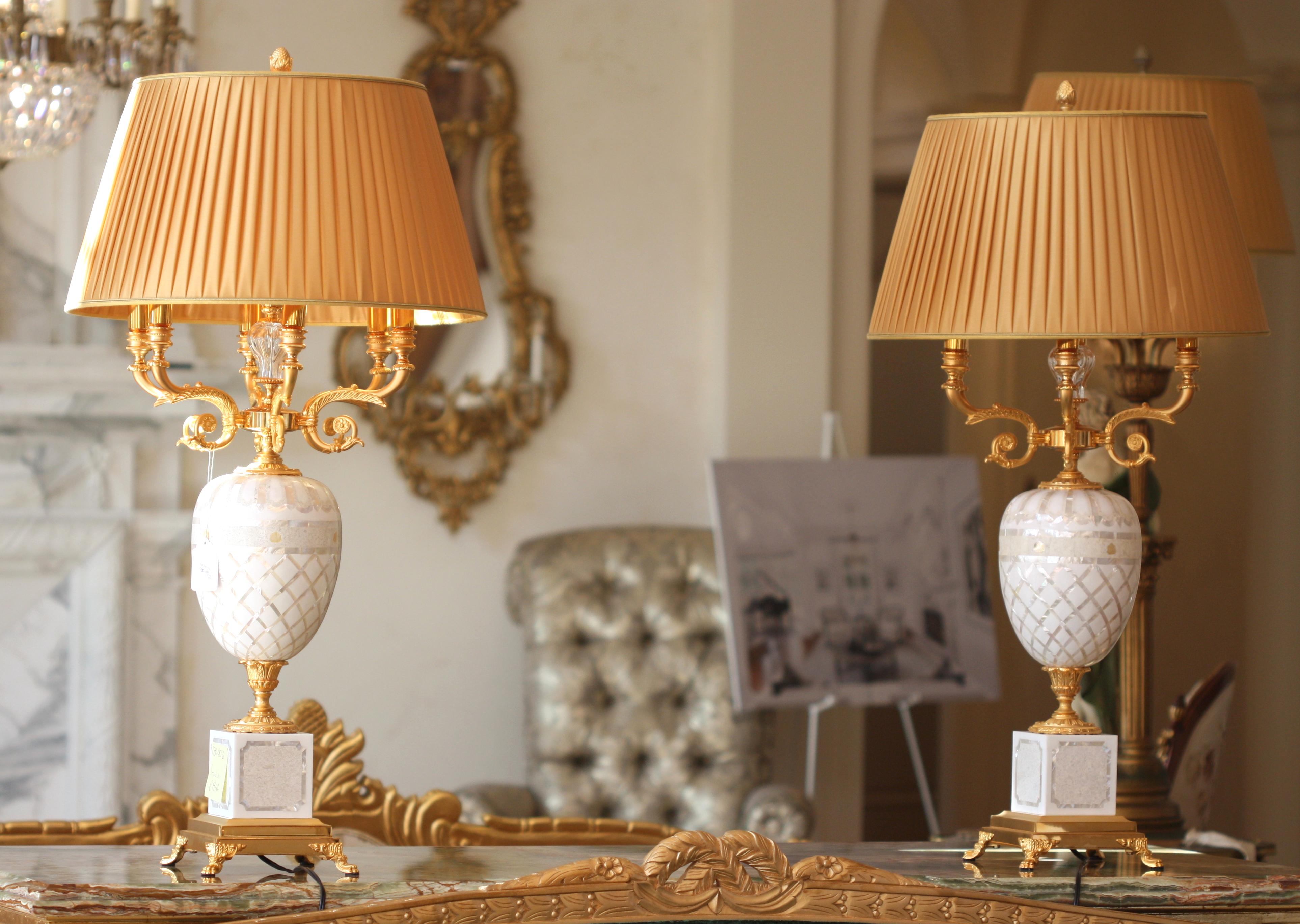 Pair of Marble, Mother-of-Pearl Veneered, and Gilt Bronze Six-Light Candelabra For Sale 4