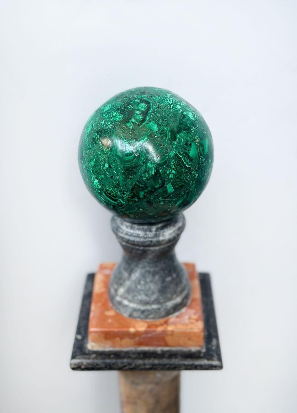 Italian Pair of Marble & Multi-Stone Columns with Malachite Sphere For Sale
