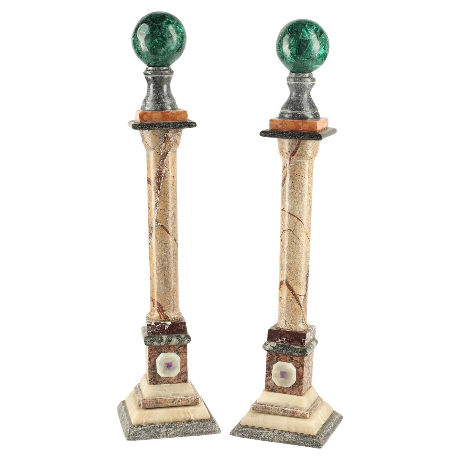 Pair of Marble & Multi-Stone Columns with Malachite Sphere For Sale