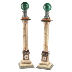 Pair of Marble & Multi-Stone Columns with Malachite Sphere