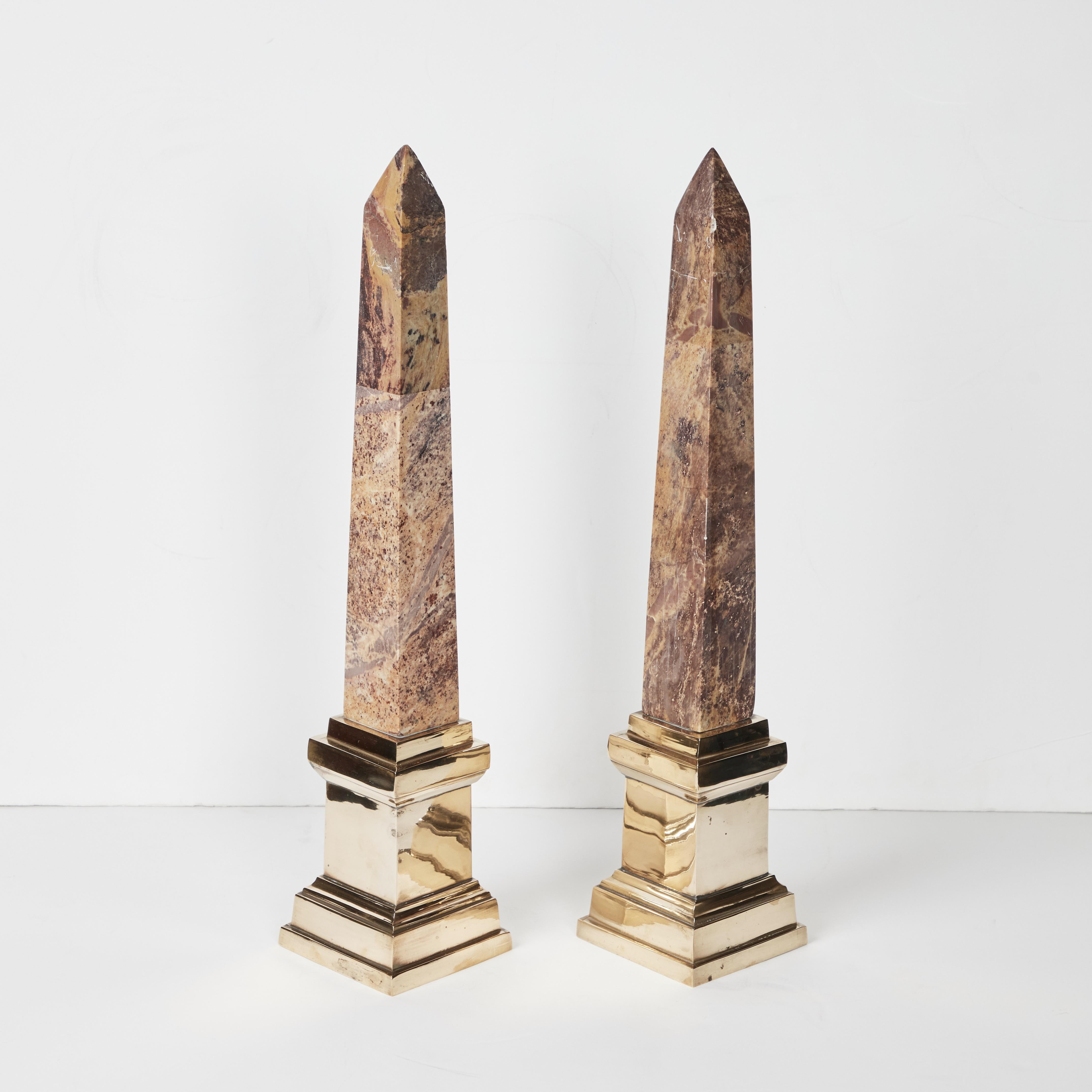 Hand-Carved Pair of Marble Obelisks Mounted on Brass Bases For Sale