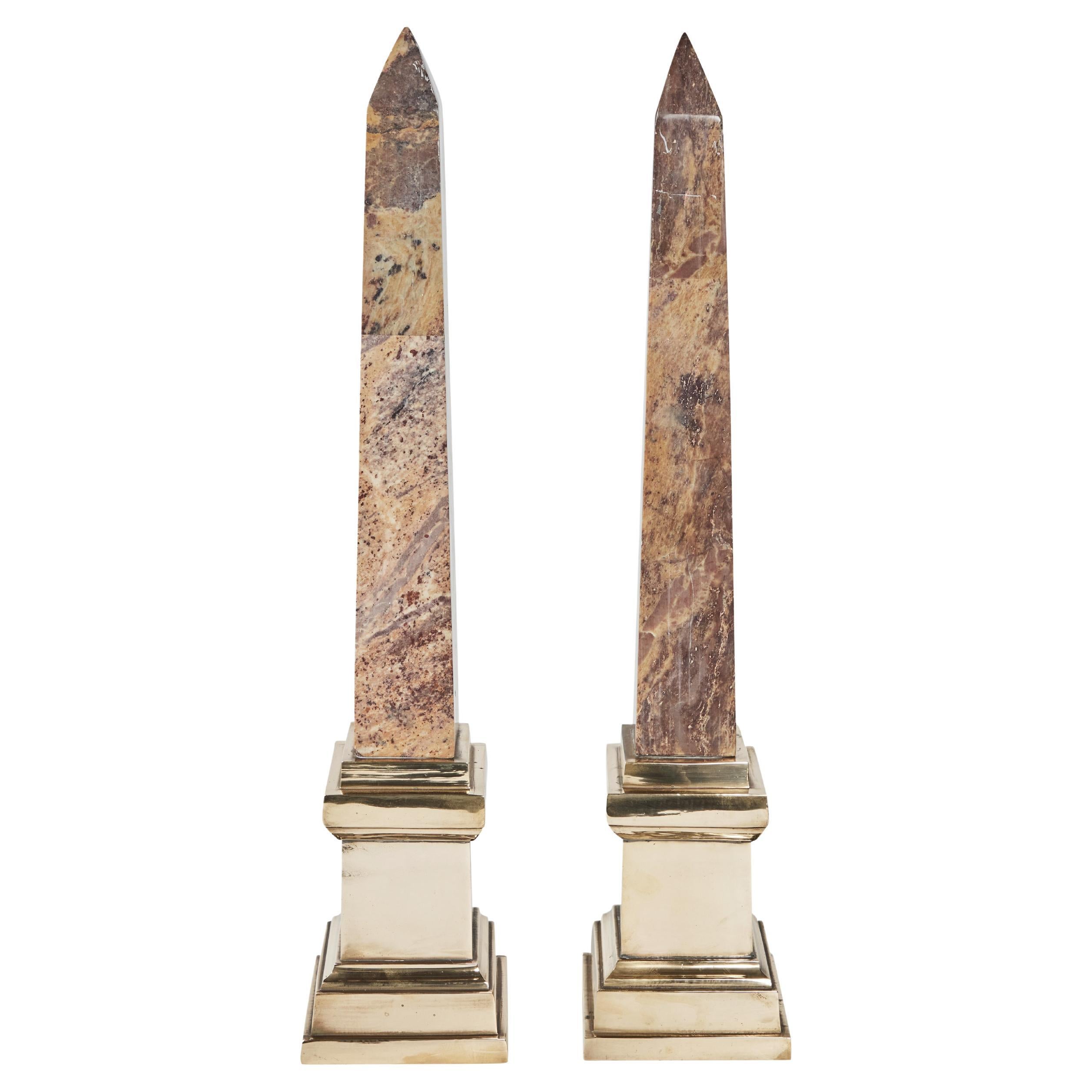 Pair of Marble Obelisks Mounted on Brass Bases For Sale