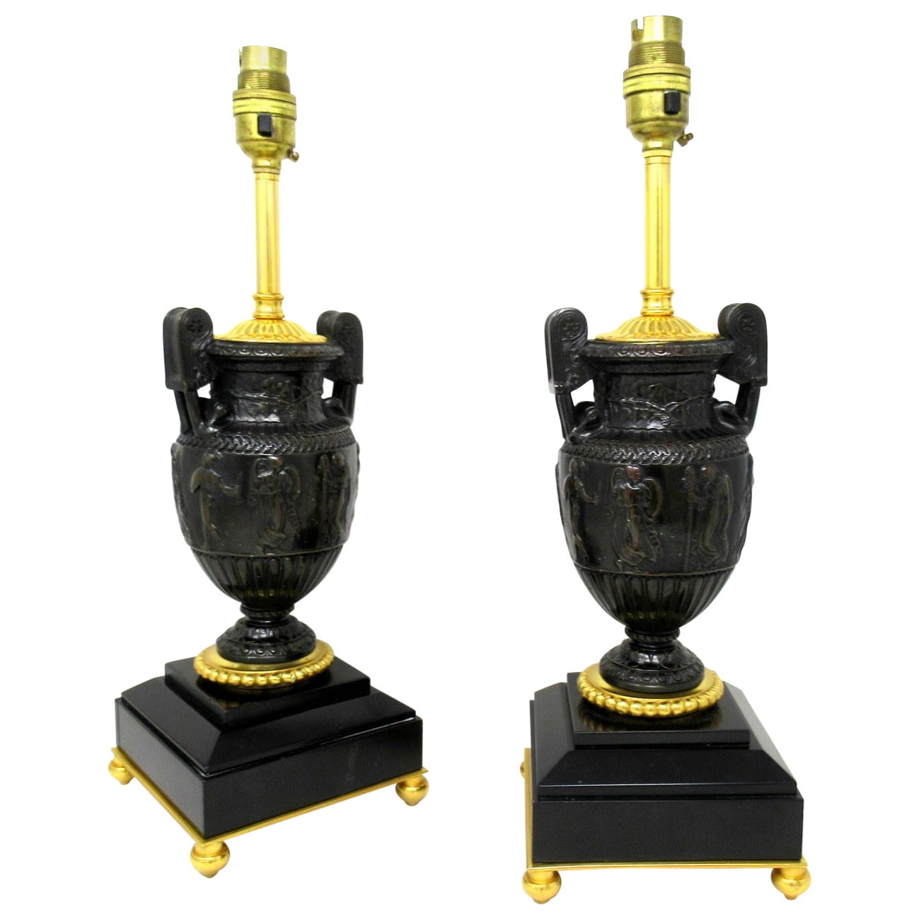 Pair of Marble Ormolu and Bronze Dore Electric Table Lamps Townley Urn C Delpech