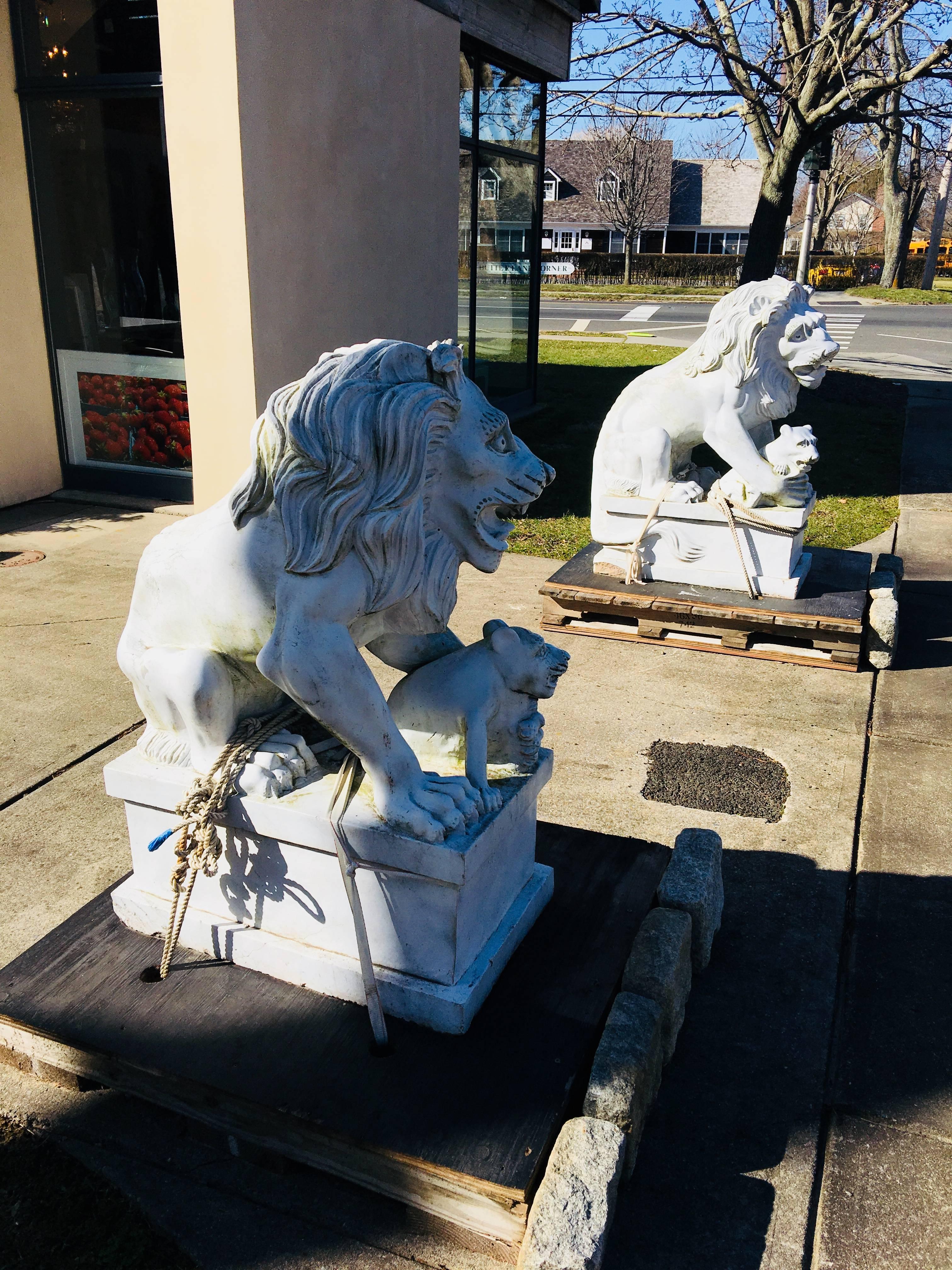 Pair of Marble Painted Lions on Bases 3