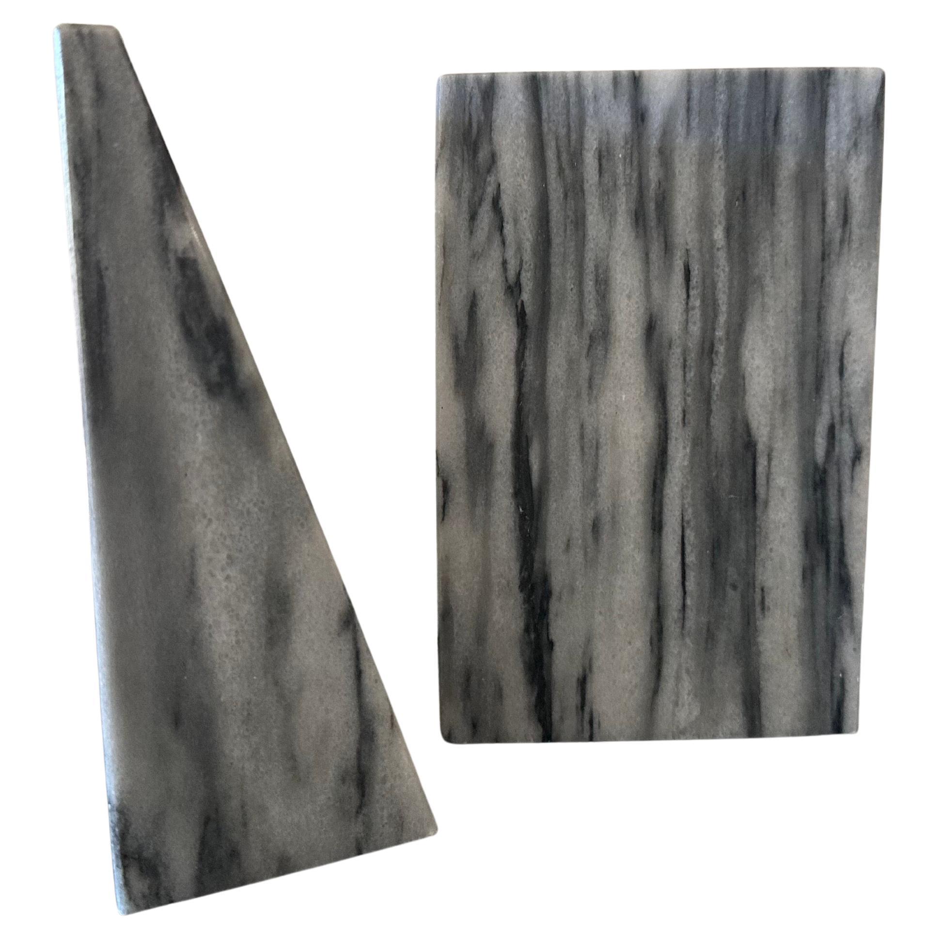 Pair of Marble Post-Modern Black/White/Gray Triangular Bookends For Sale 1