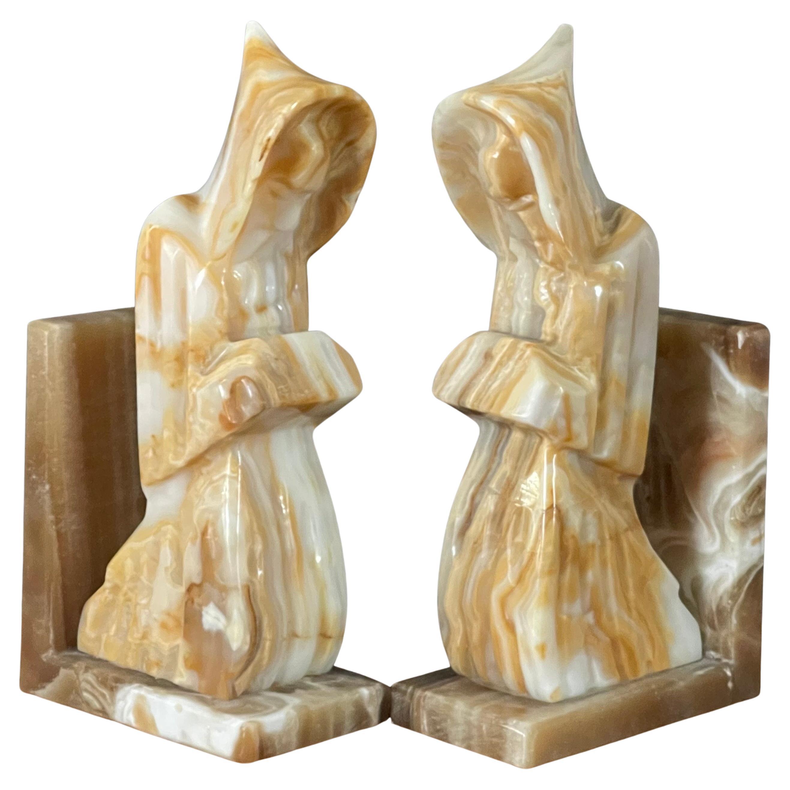 Pair of Marble Praying Monk /Scholar Bookends