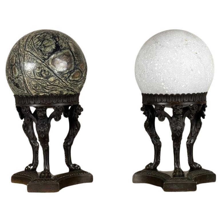 Pair Of Marble Spheres On Bronze Tripods, 19th Century For Sale