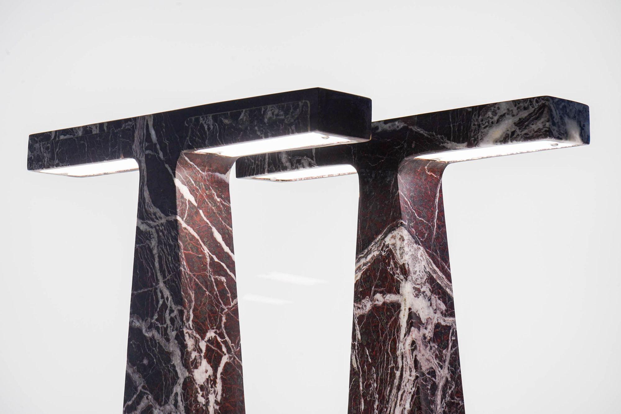 Pair of Marble Table Lamps in Rosso Levanto Marble For Sale 8
