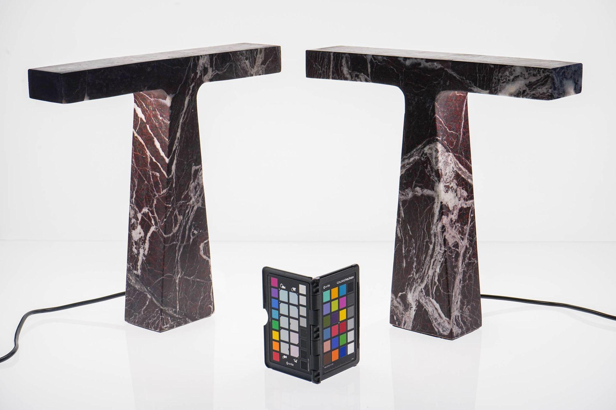Pair of Marble Table Lamps in Rosso Levanto Marble For Sale 12