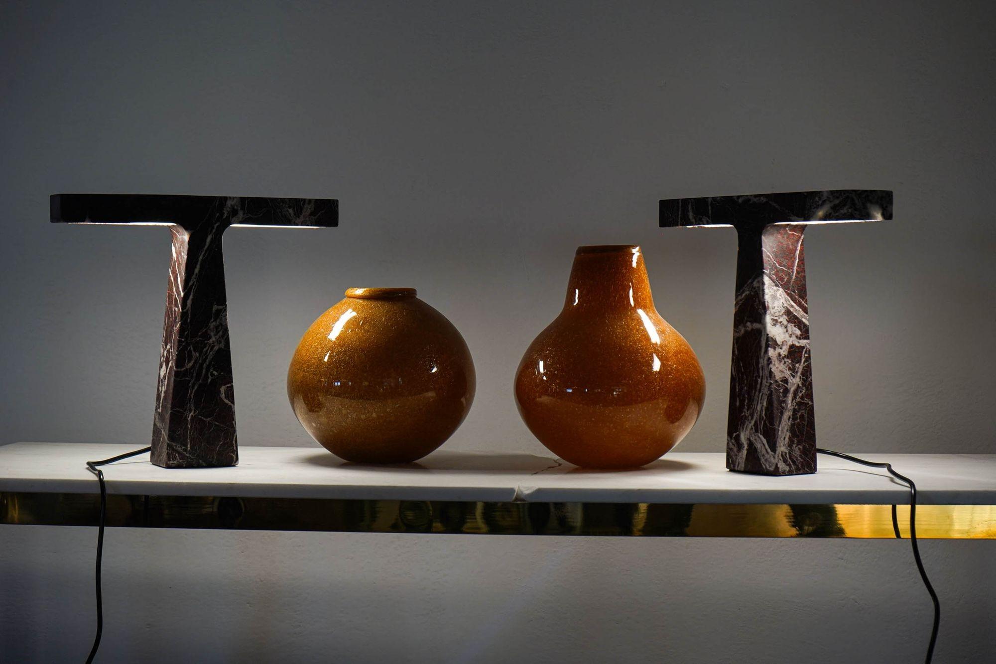 Pair of Marble Table Lamps in Rosso Levanto Marble For Sale 13