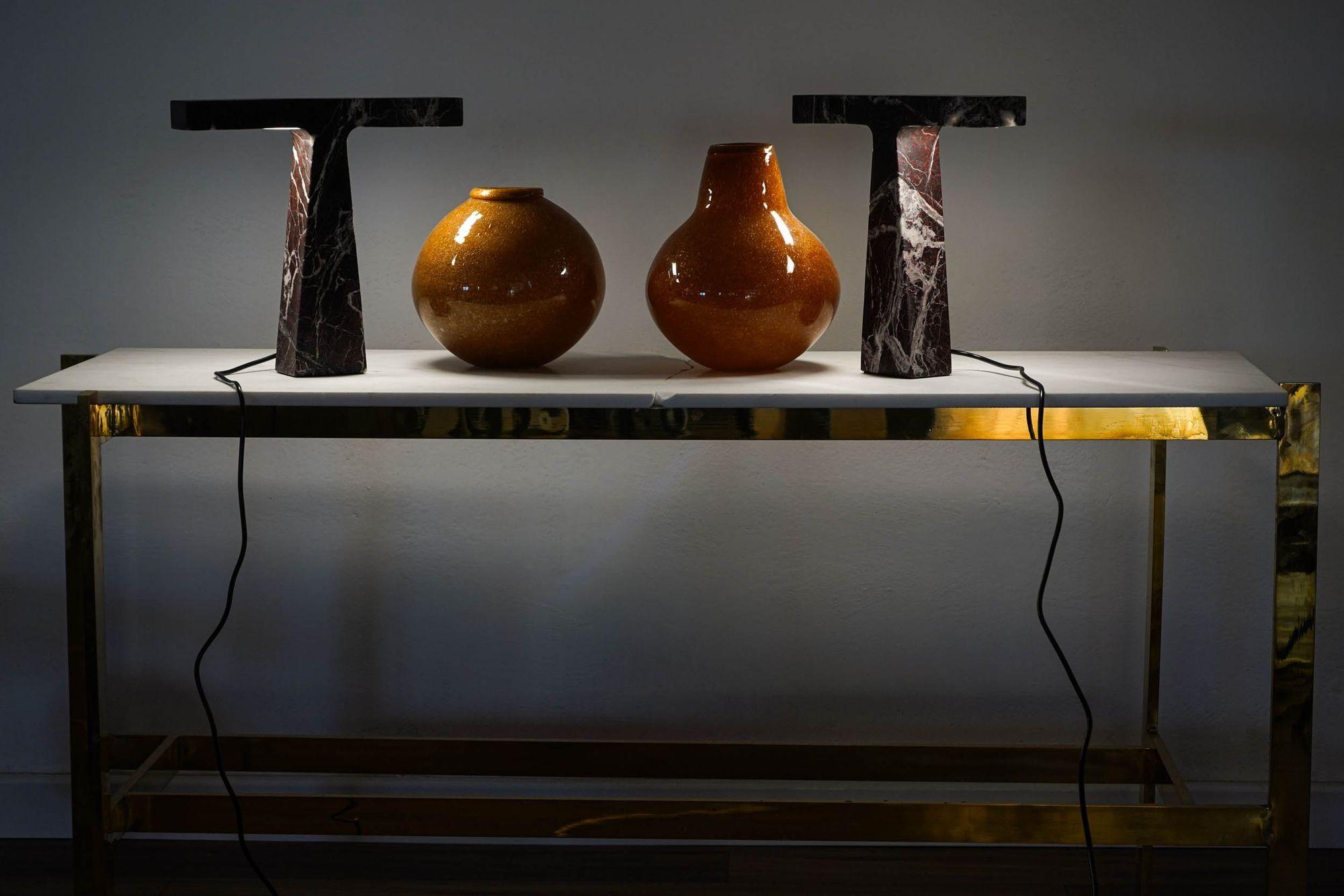 Pair of Marble Table Lamps in Rosso Levanto Marble For Sale 14