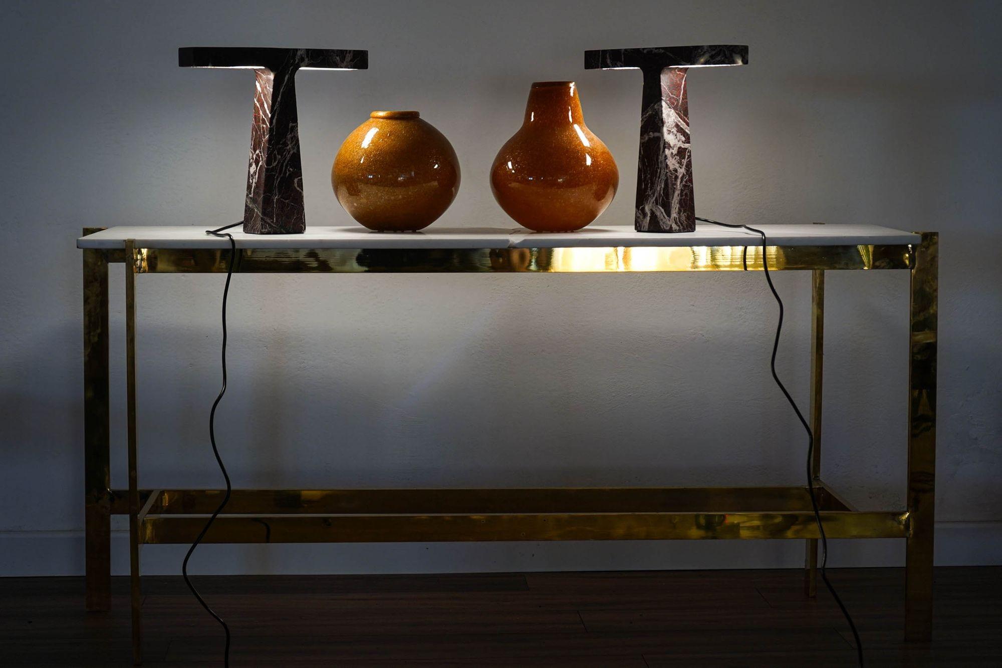 Pair of Marble Table Lamps in Rosso Levanto Marble For Sale 15