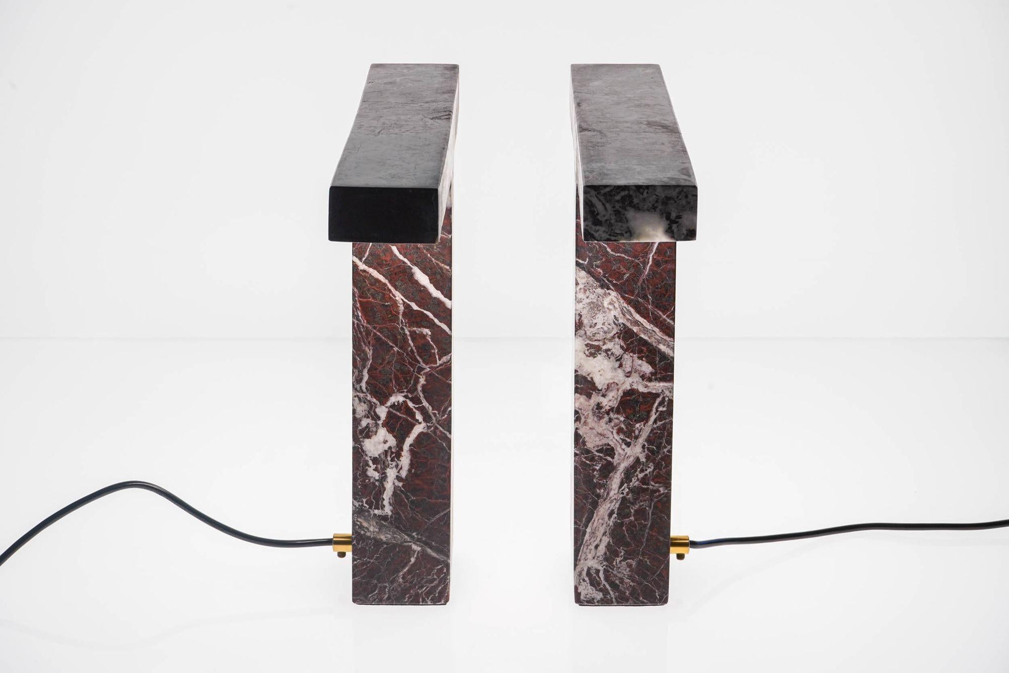 Pair of Marble Table Lamps in Rosso Levanto Marble For Sale 2