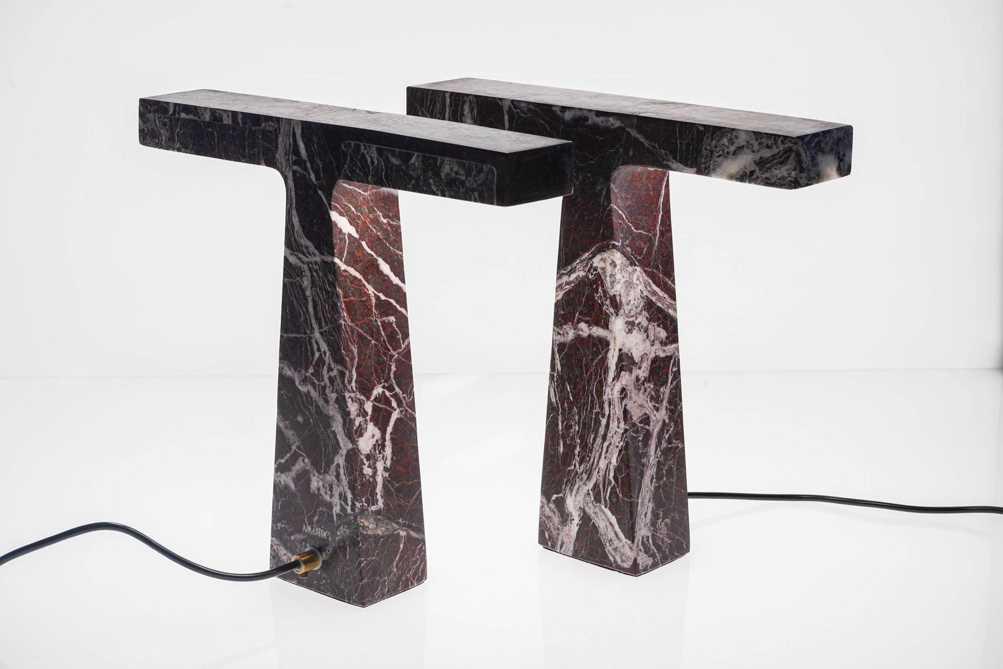 Pair of Marble Table Lamps in Rosso Levanto Marble For Sale 3
