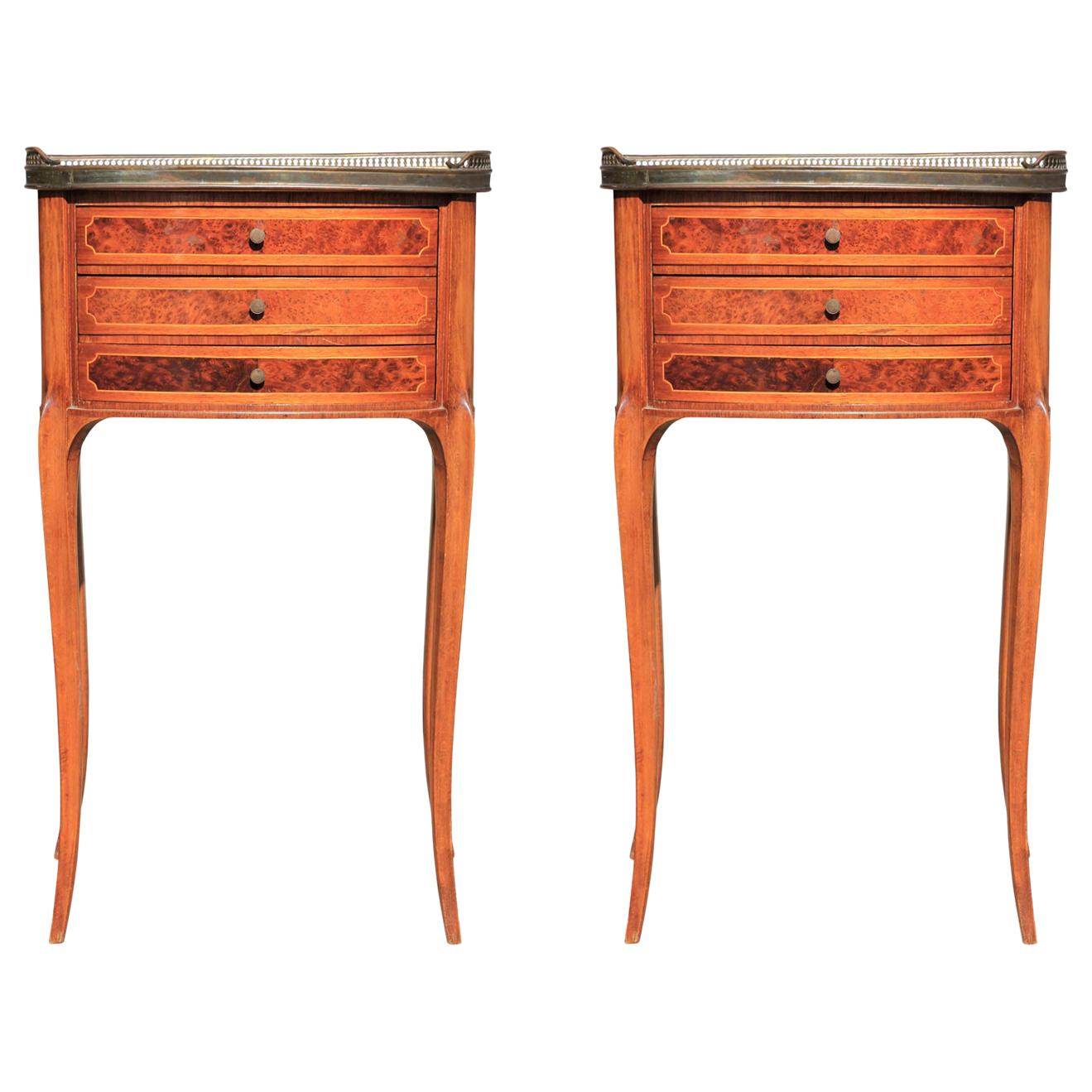 Pair of Marble Top 3-Drawer Delicate French Nightstands or Side Tables