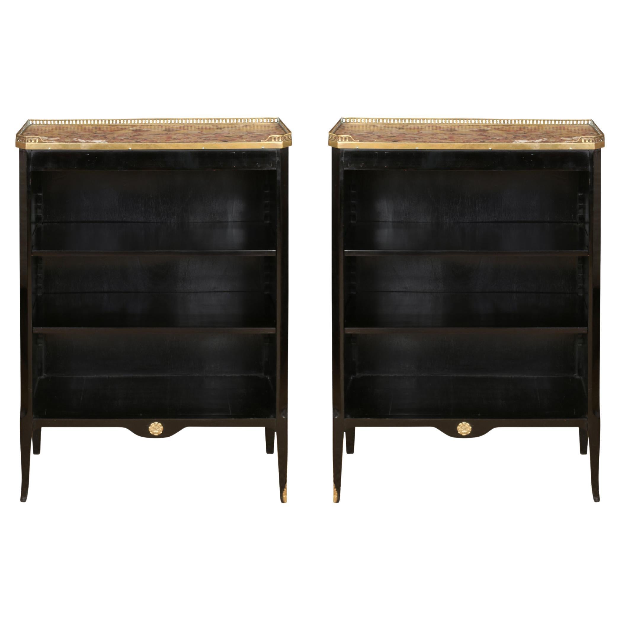 Pair of Marble Top Bookcases with Brass Gallery and Mountings