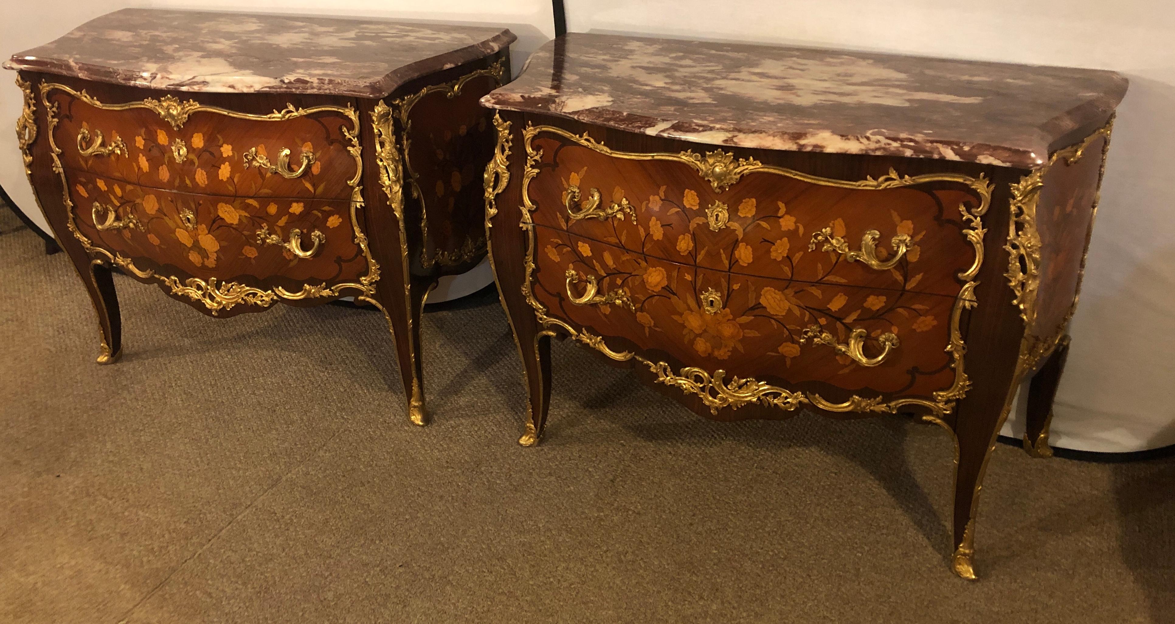 Pair of Marble-Top Bronze Mounted Bombe Floral Inlaid Louis XV Style Commodes In Good Condition In Stamford, CT