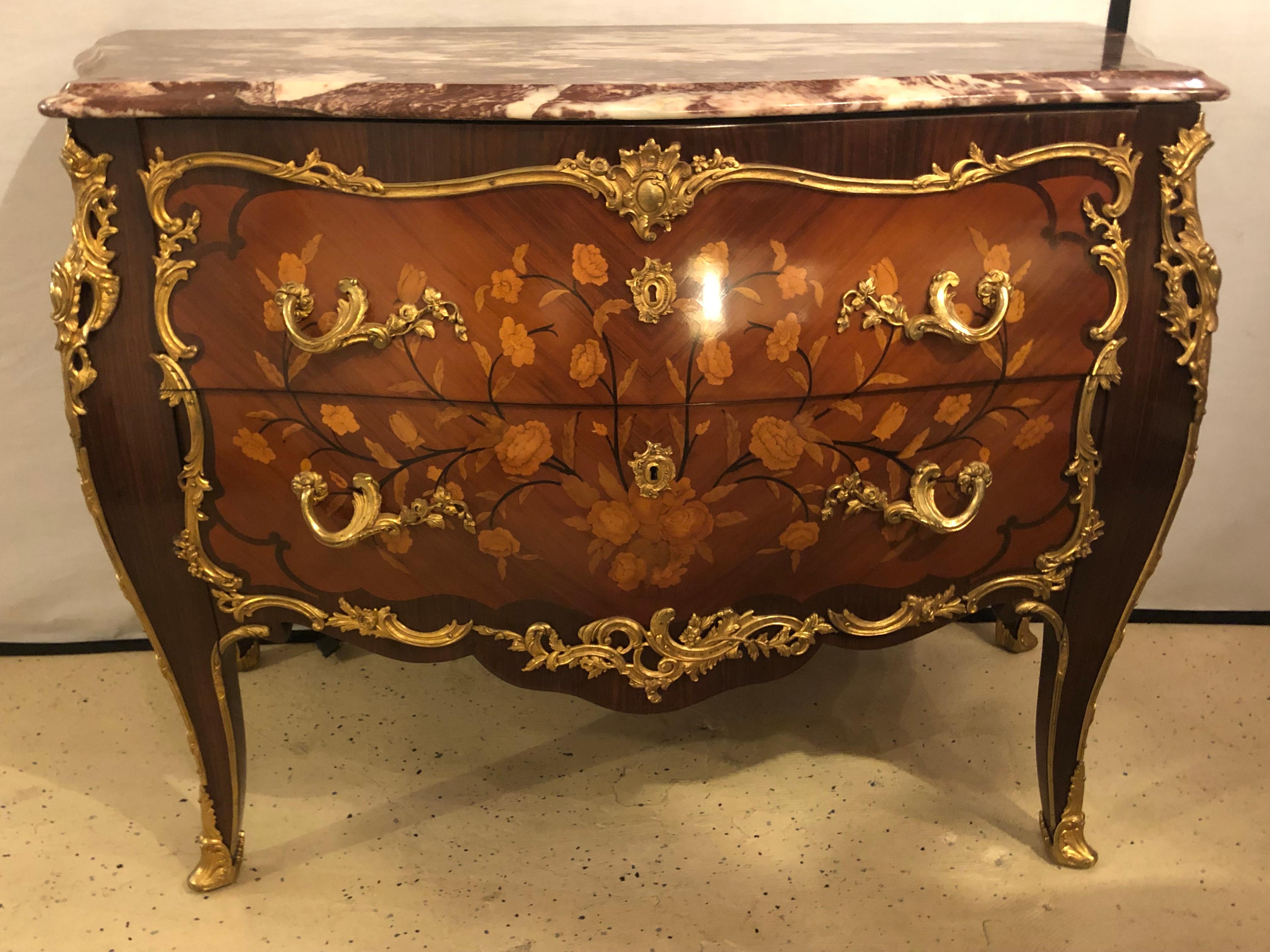 Mid-20th Century Pair of Marble-Top Bronze Mounted Bombe Floral Inlaid Louis XV Style Commodes