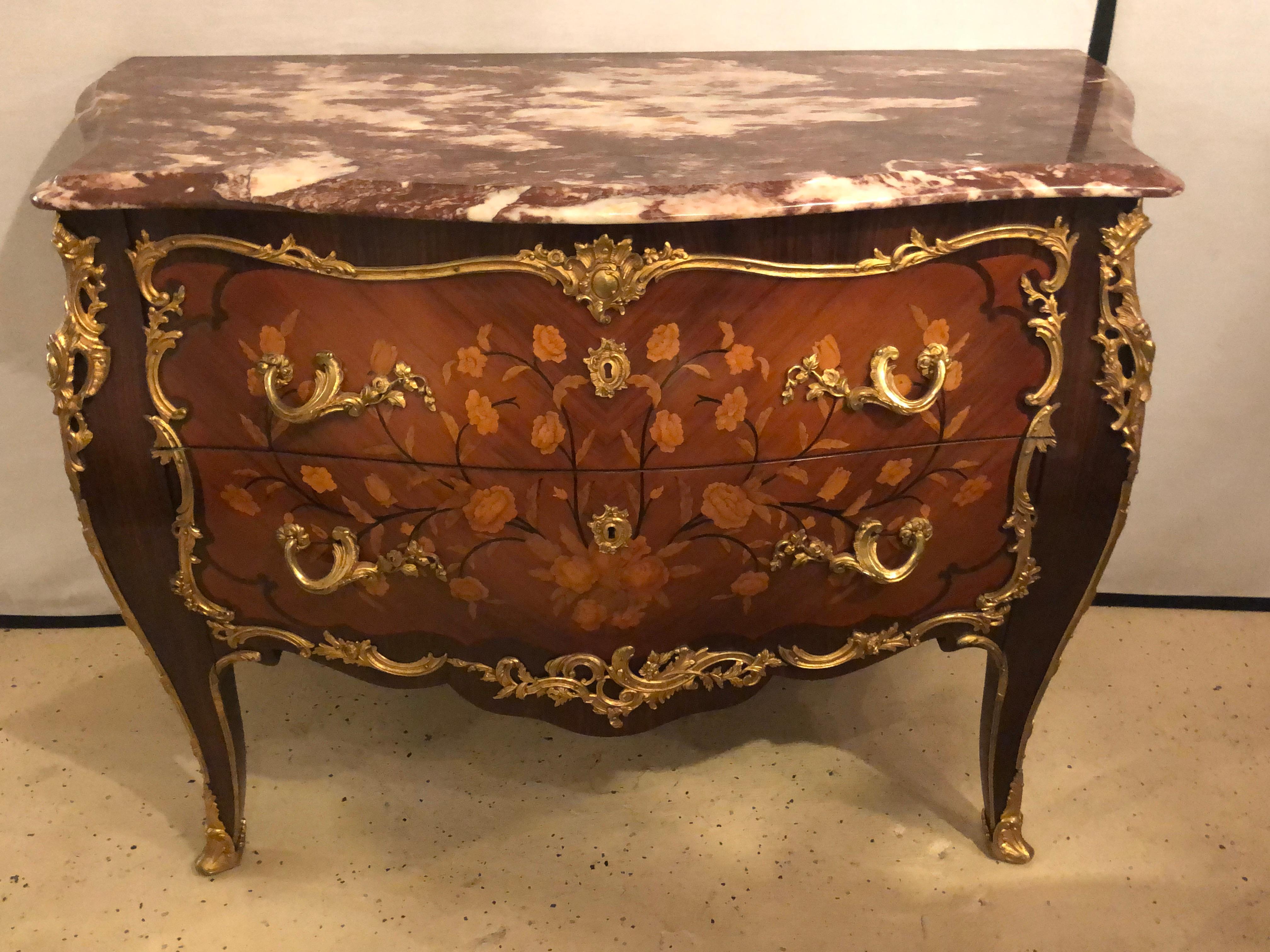 Pair of Marble-Top Bronze Mounted Bombe Floral Inlaid Louis XV Style Commodes 1