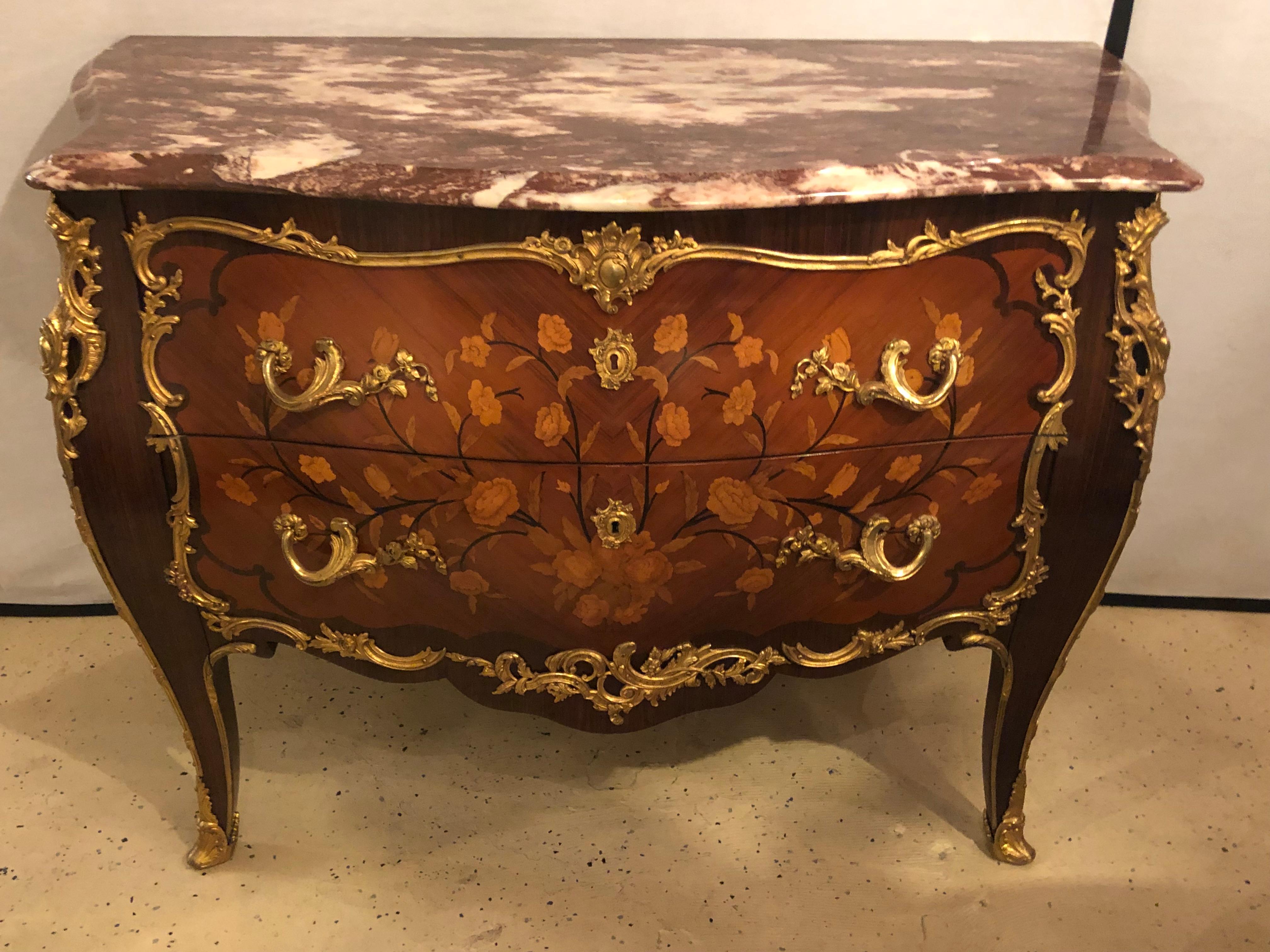 Pair of Marble-Top Bronze Mounted Bombe Floral Inlaid Louis XV Style Commodes 2