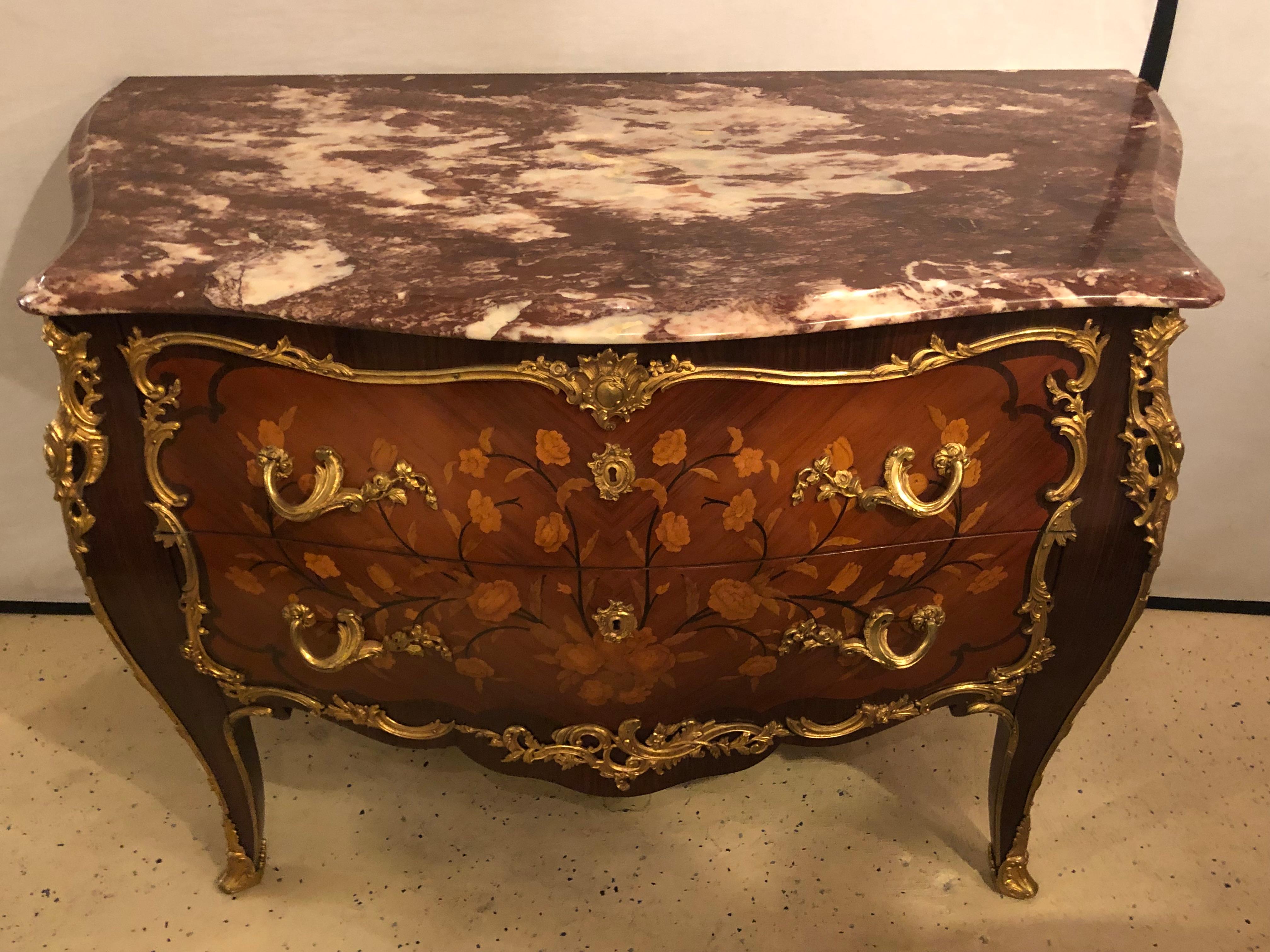 Pair of Marble-Top Bronze Mounted Bombe Floral Inlaid Louis XV Style Commodes 3