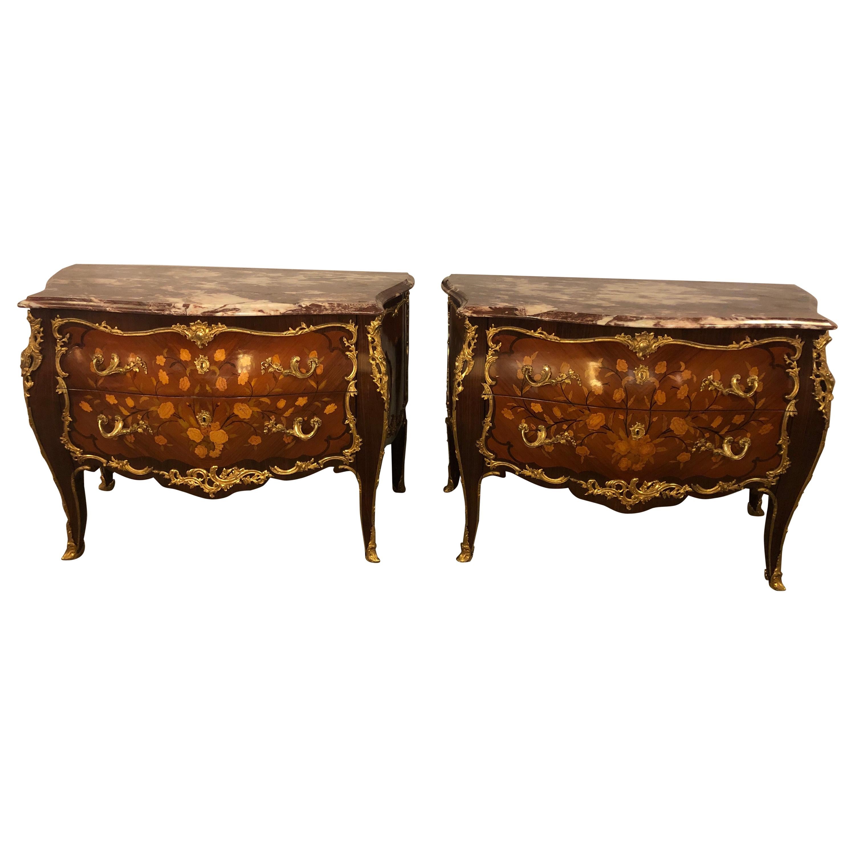 Pair of Marble-Top Bronze Mounted Bombe Floral Inlaid Louis XV Style Commodes