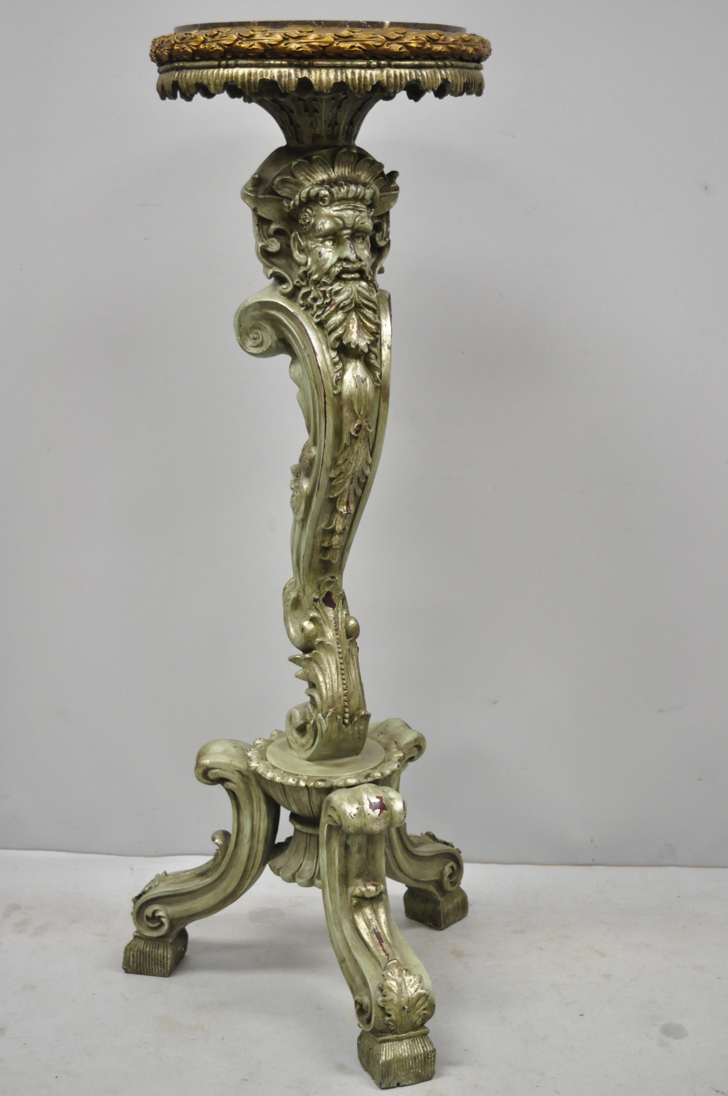 Pair of Marble Top Cast Resin Figural Mythical Pedestal Stands with Bearded Face For Sale 6