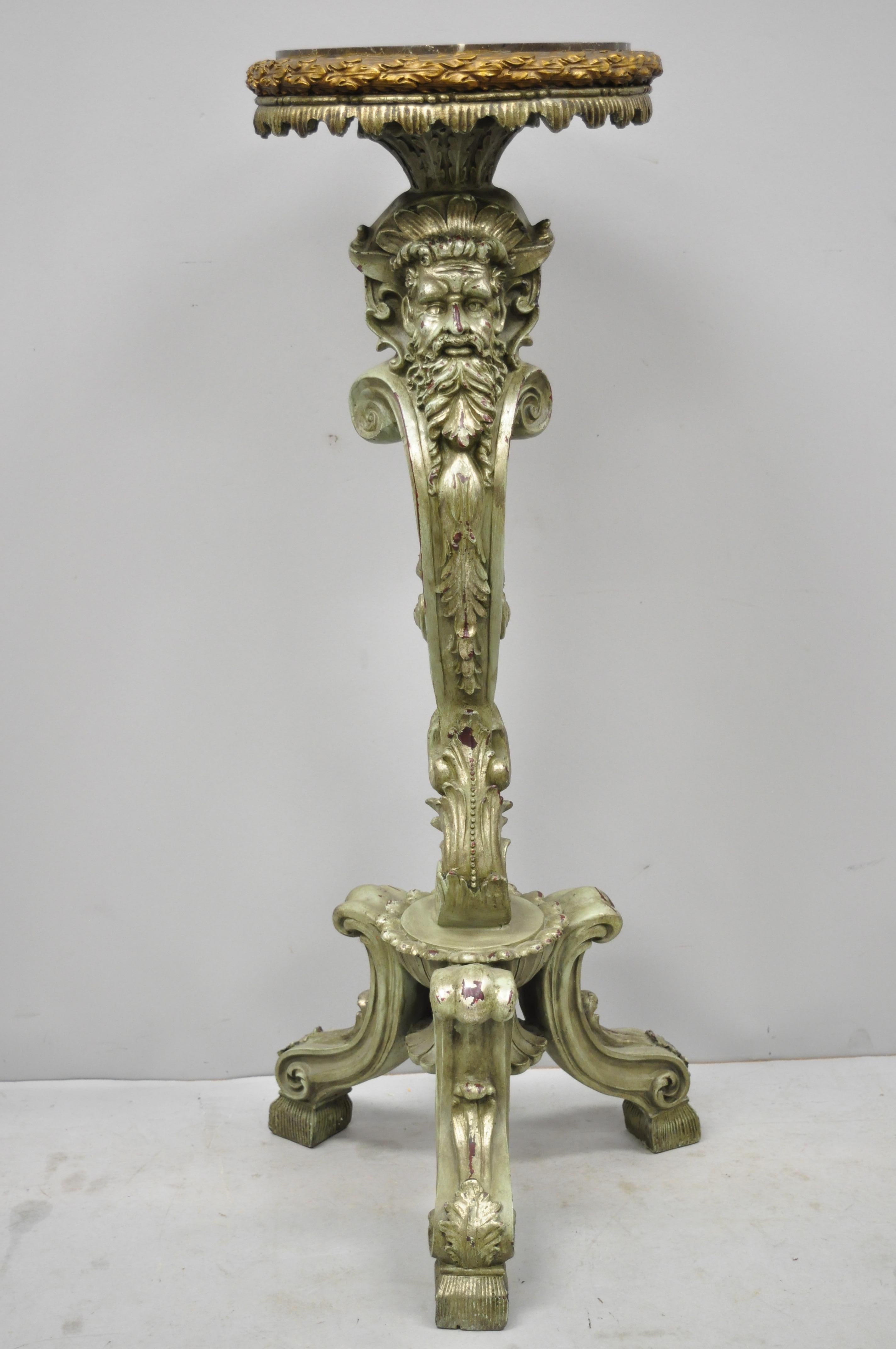 Pair of Marble Top Cast Resin Figural Mythical Pedestal Stands with Bearded Face For Sale 2