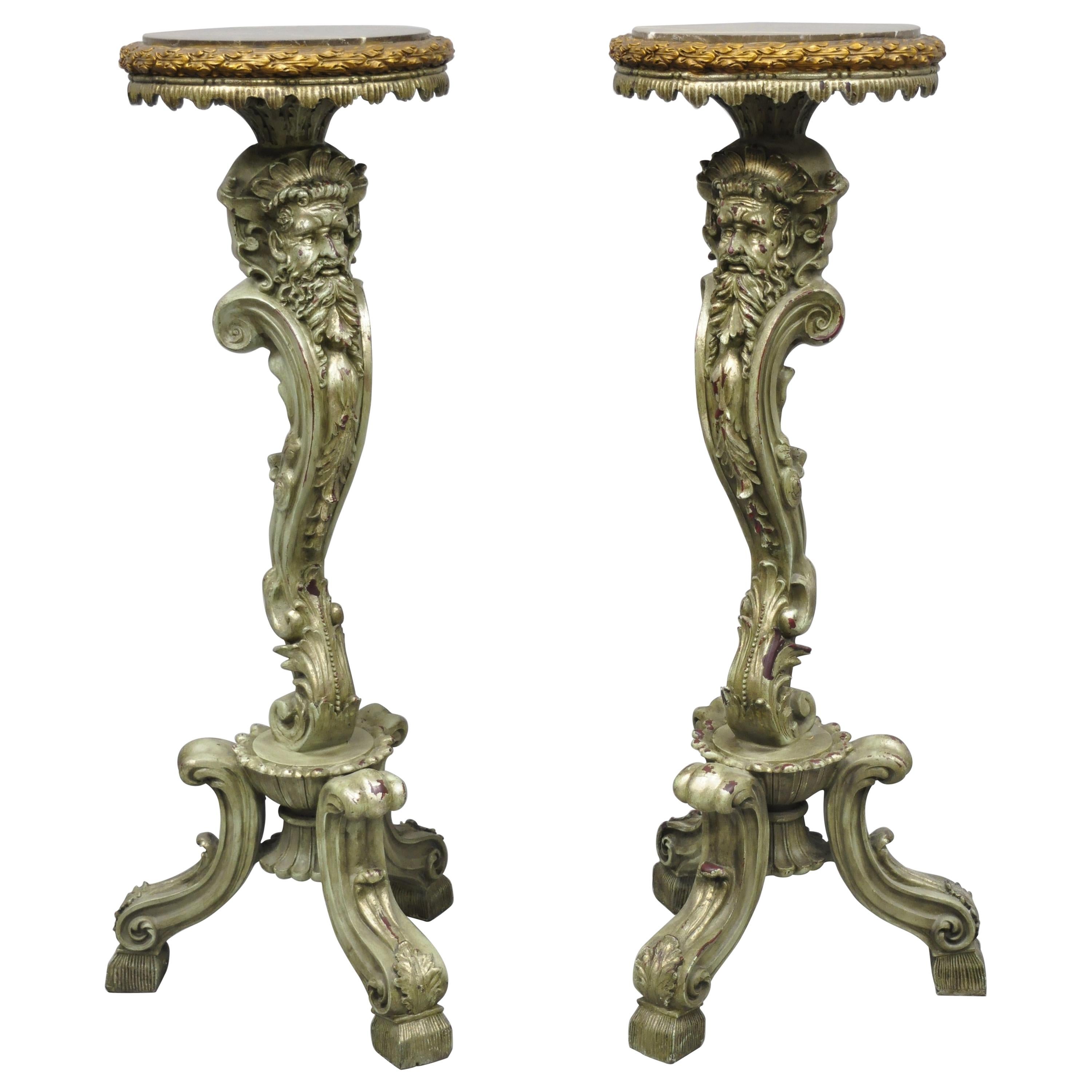 Pair of Marble Top Cast Resin Figural Mythical Pedestal Stands with Bearded Face For Sale