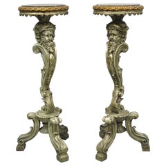 Retro Pair of Marble Top Cast Resin Figural Mythical Pedestal Stands with Bearded Face