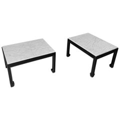 Retro White Marble-Top, Ebonized Base Pair of Coffee Tables, France, Midcentury