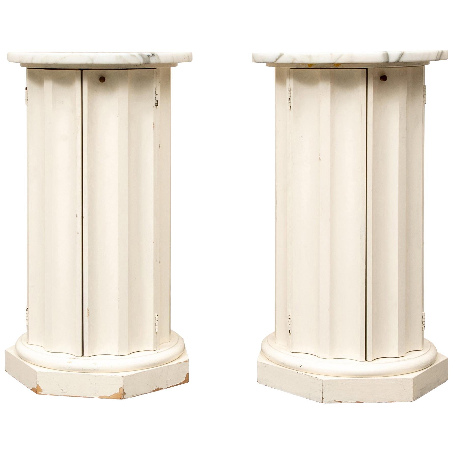 Pair of Marble-Top Column Form Commode Tables