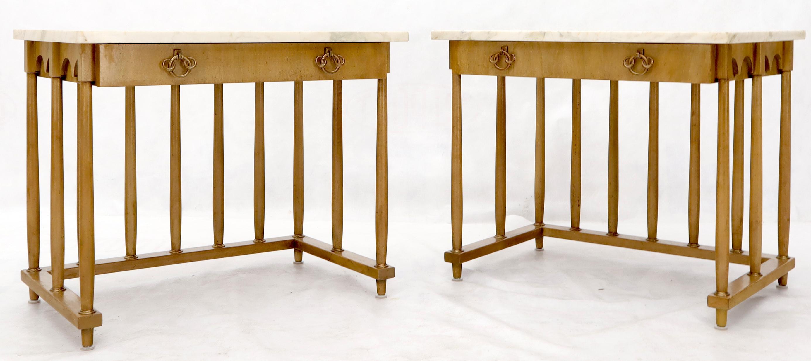 Pair of Marble-Top Columns Arches Shape One-Drawer End Side Tables Nightstands In Good Condition In Rockaway, NJ