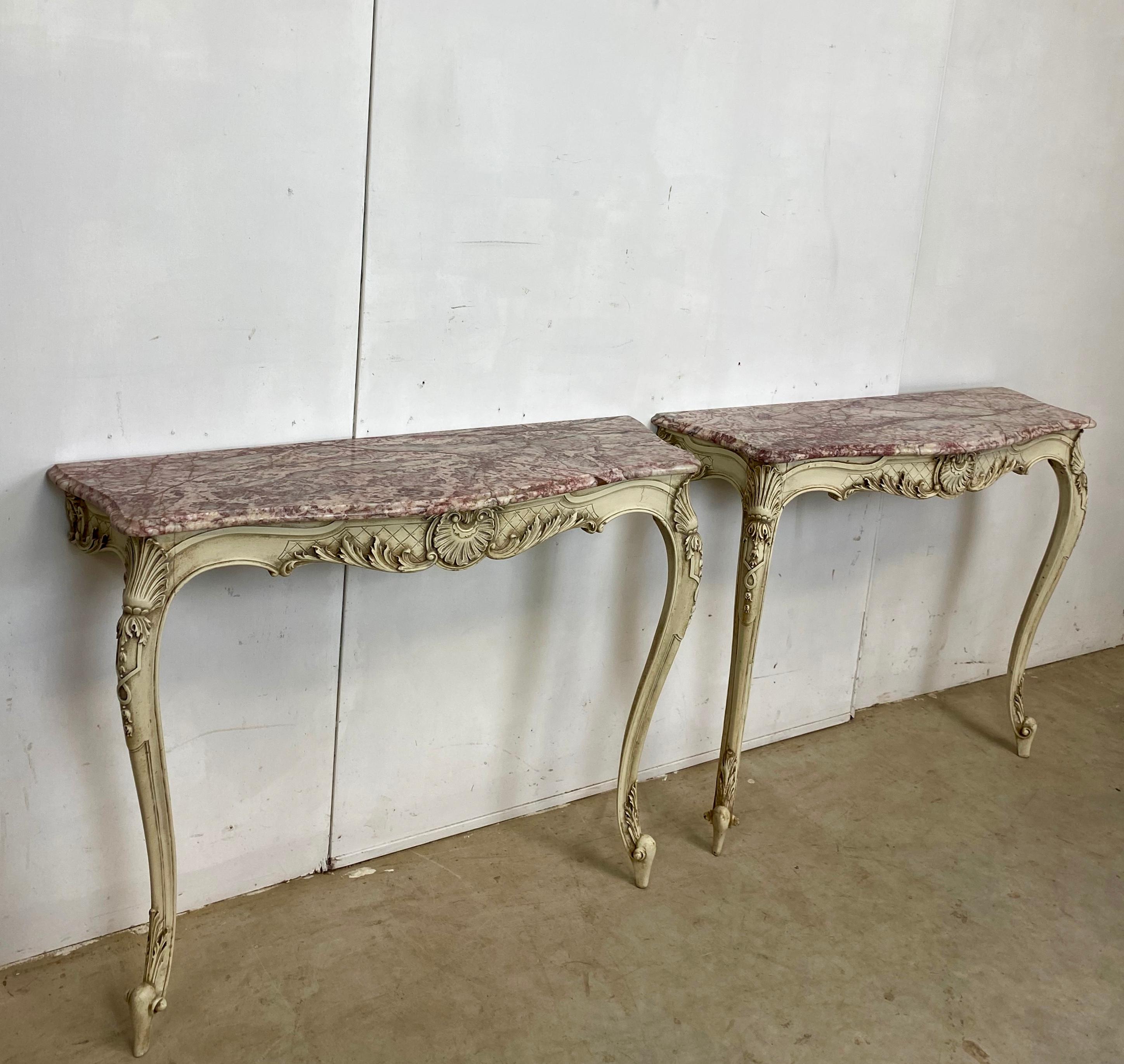 French Pair of Marble-Top Console Tables