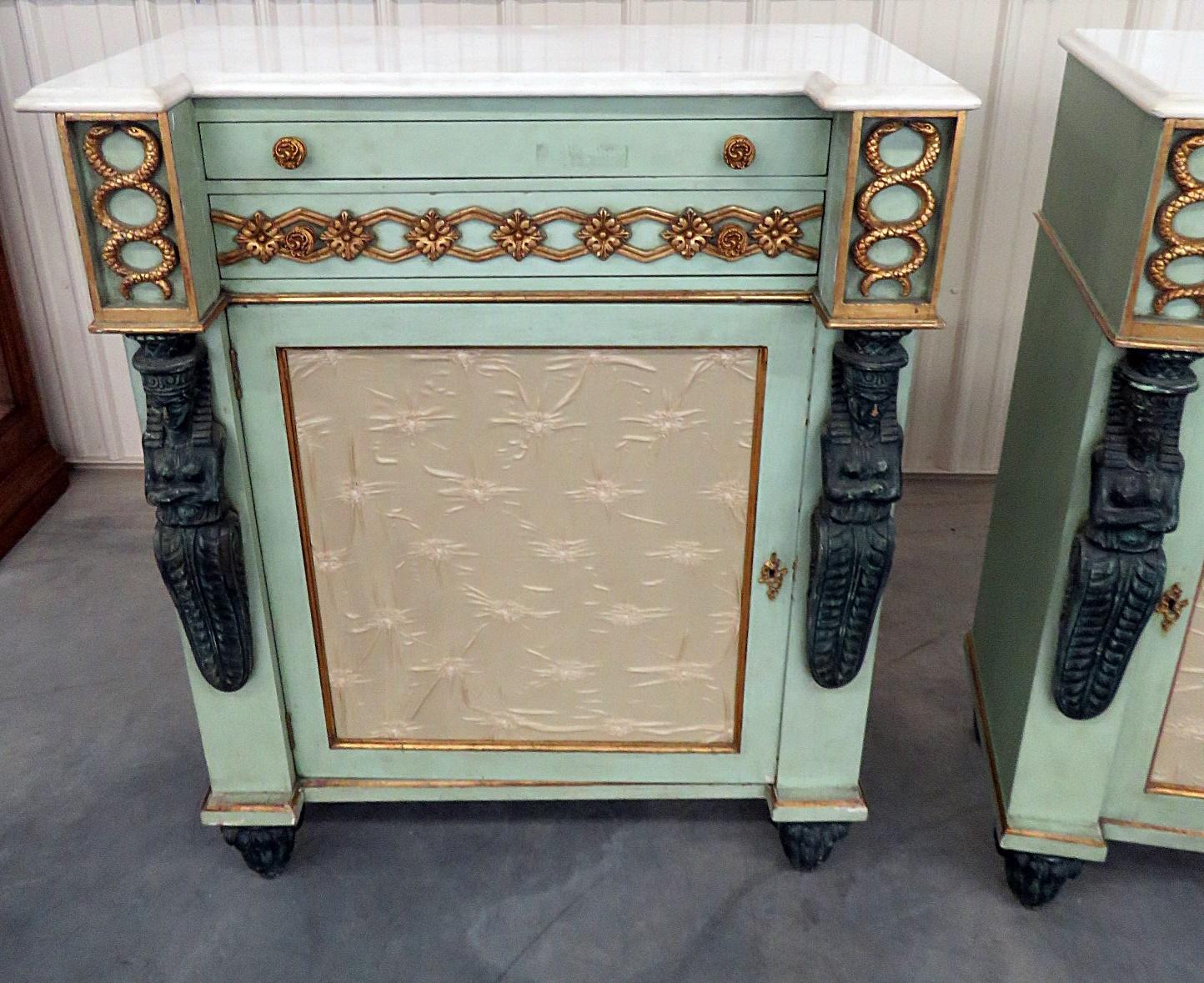Pair of French Blue Carved Figural Marble-Top Empire Style Commodes Nightstands In Good Condition In Swedesboro, NJ
