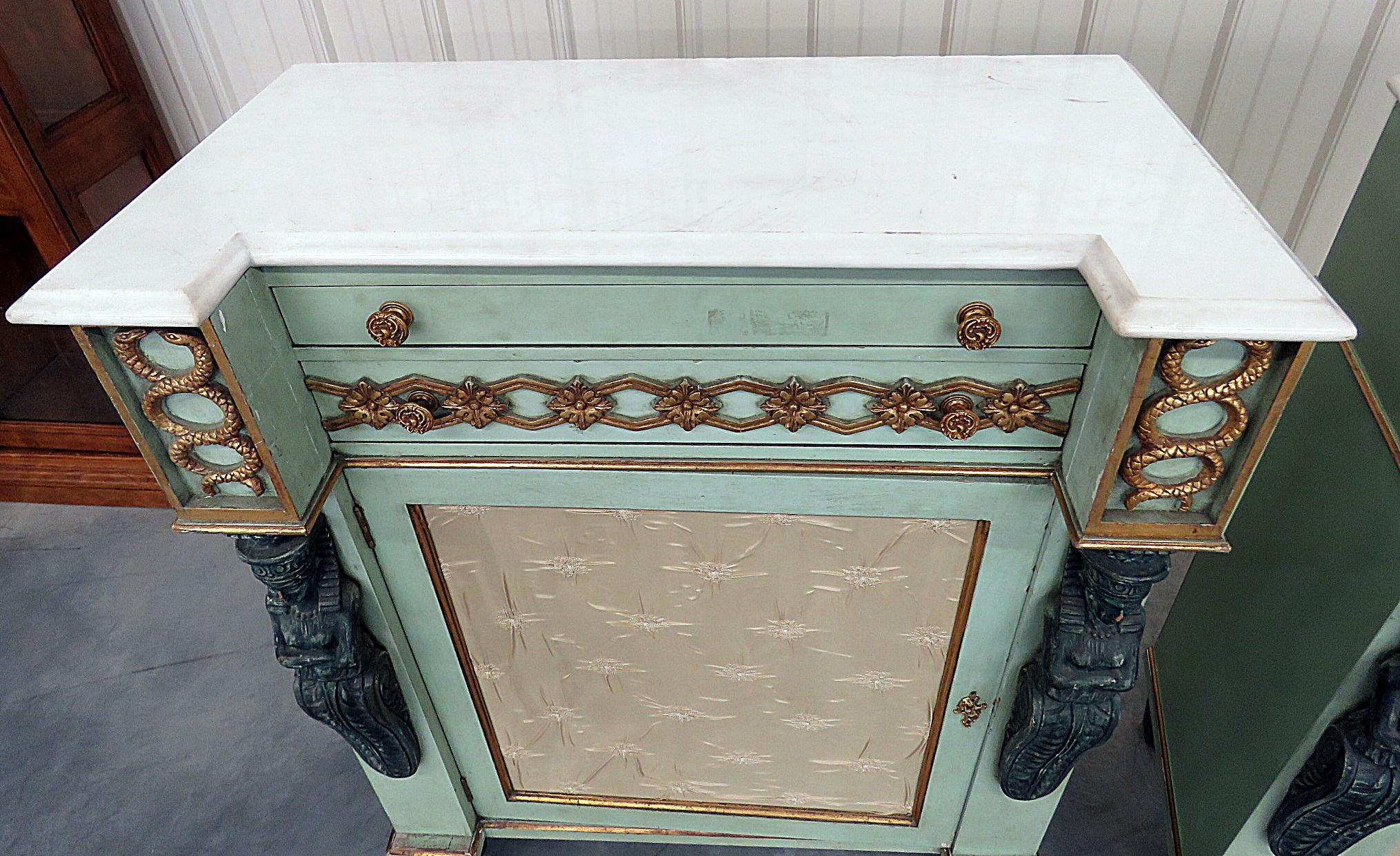 20th Century Pair of French Blue Carved Figural Marble-Top Empire Style Commodes Nightstands