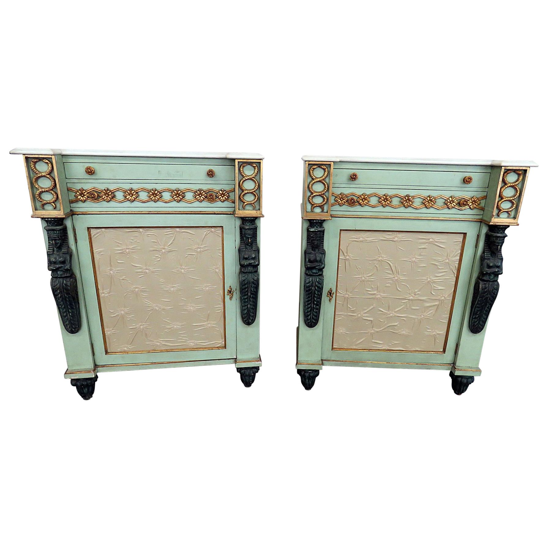 Pair of French Blue Carved Figural Marble-Top Empire Style Commodes Nightstands