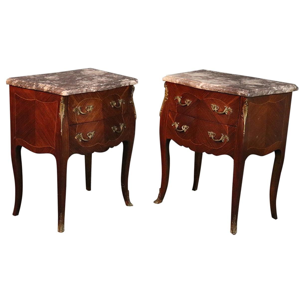 Pair of Marble-Top French Louis XV Inlaid Walnut Nightstands Tables, circa 1930